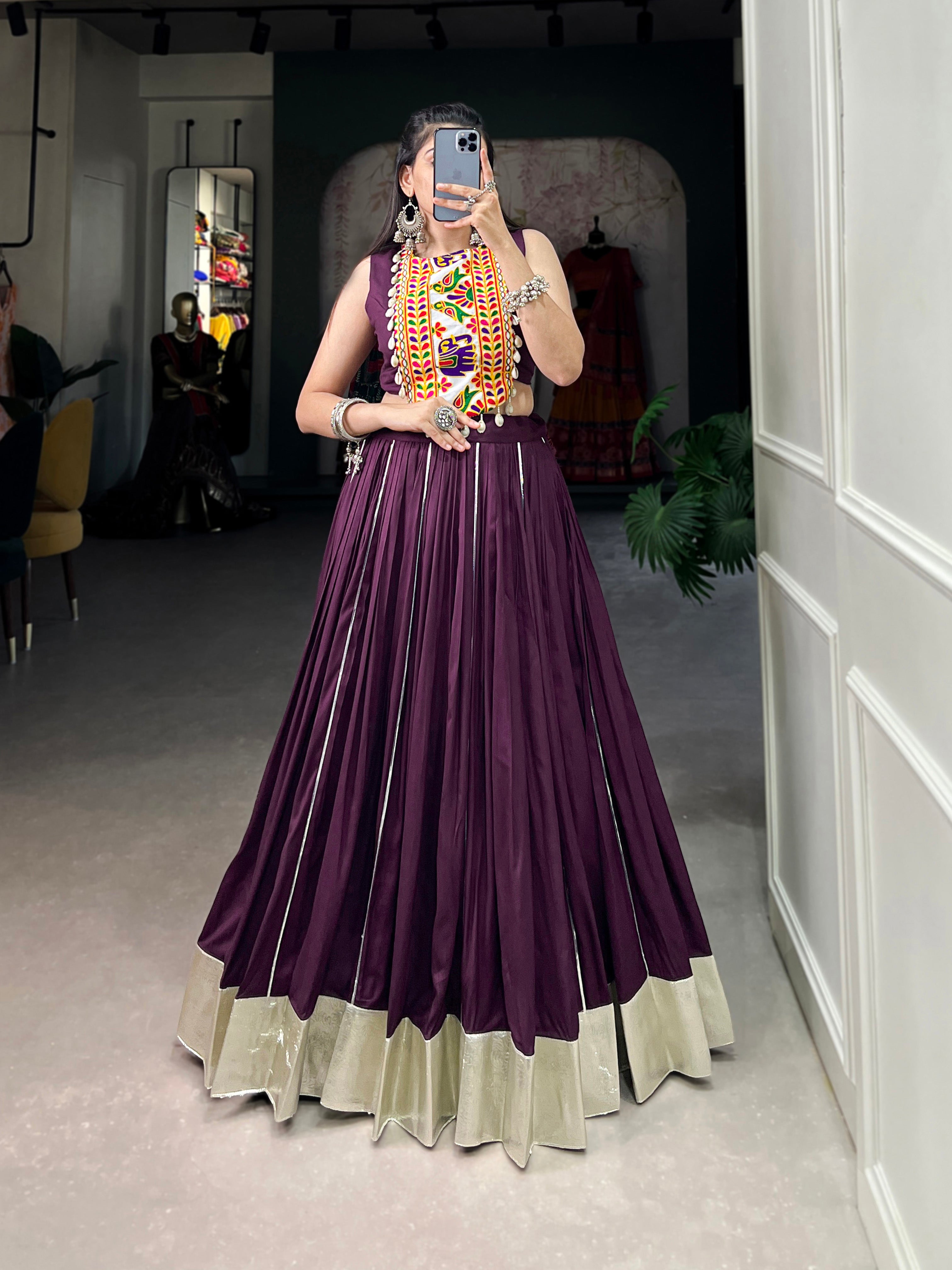 Designer Ethnic Mirror Work Choli with Bold Pink Rayon Lehenga