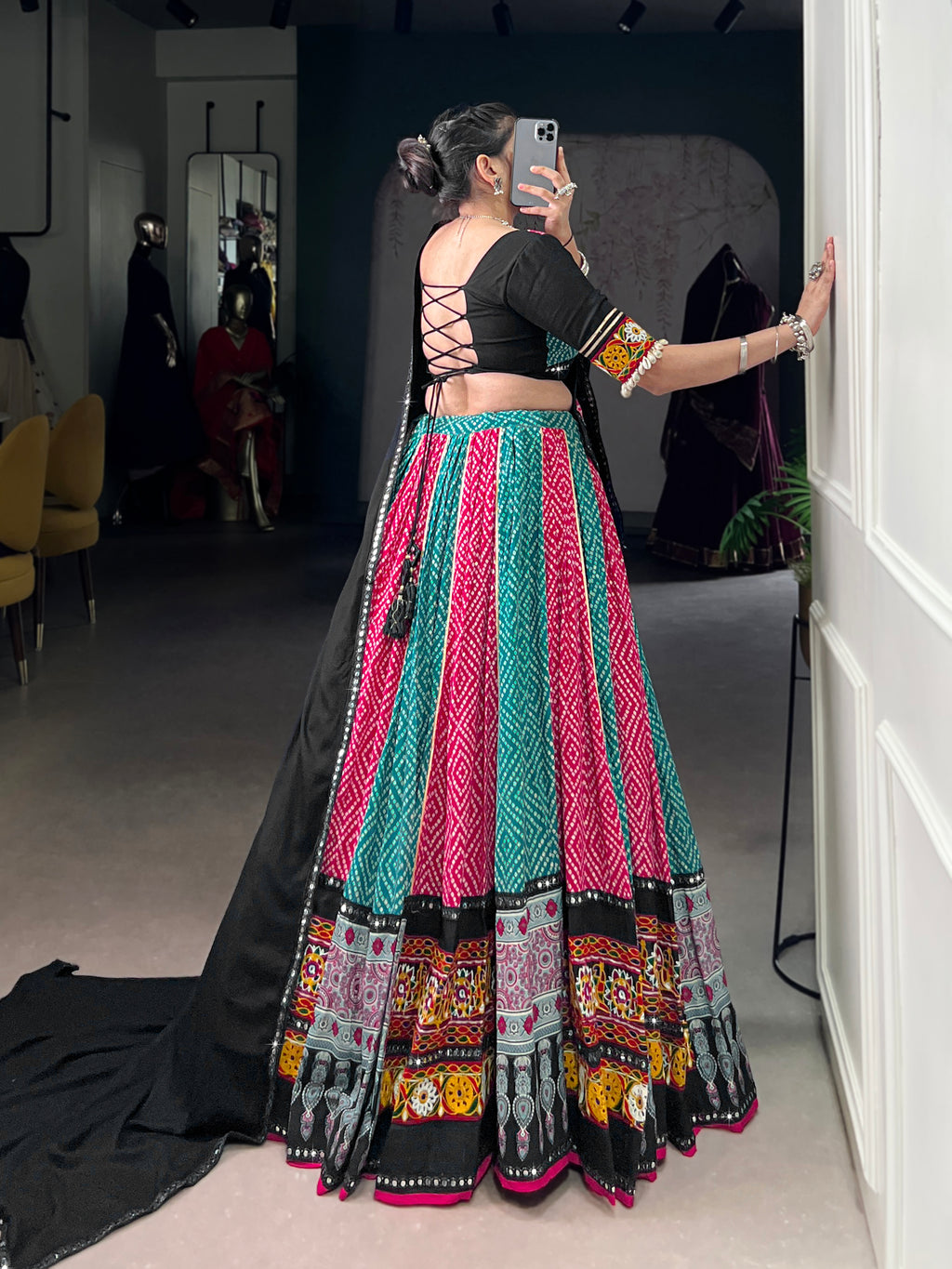 Vibrant Bandhani Lehenga Choli with Mirror Work Dupatta