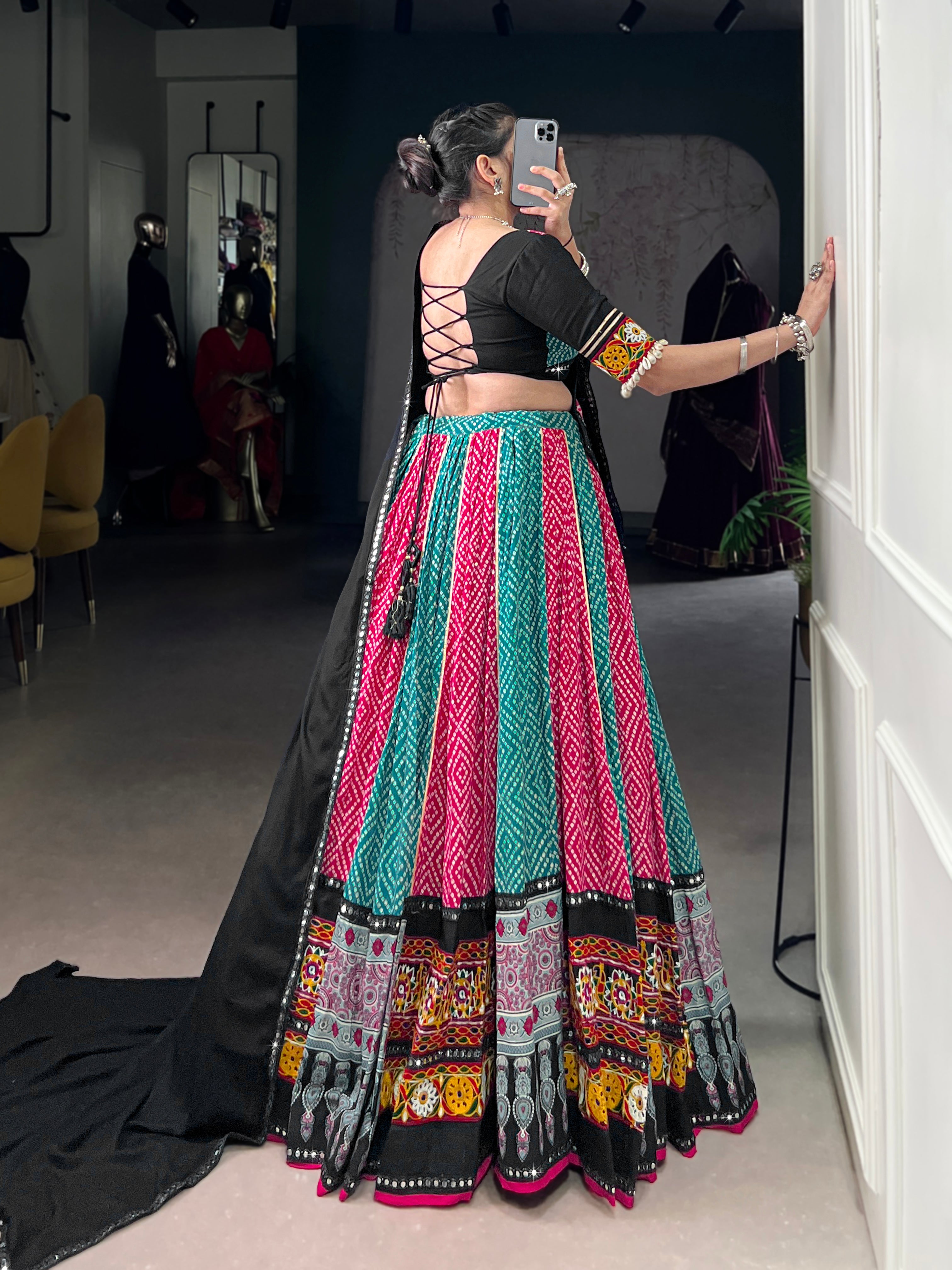 Vibrant Bandhani Lehenga Choli with Mirror Work Dupatta