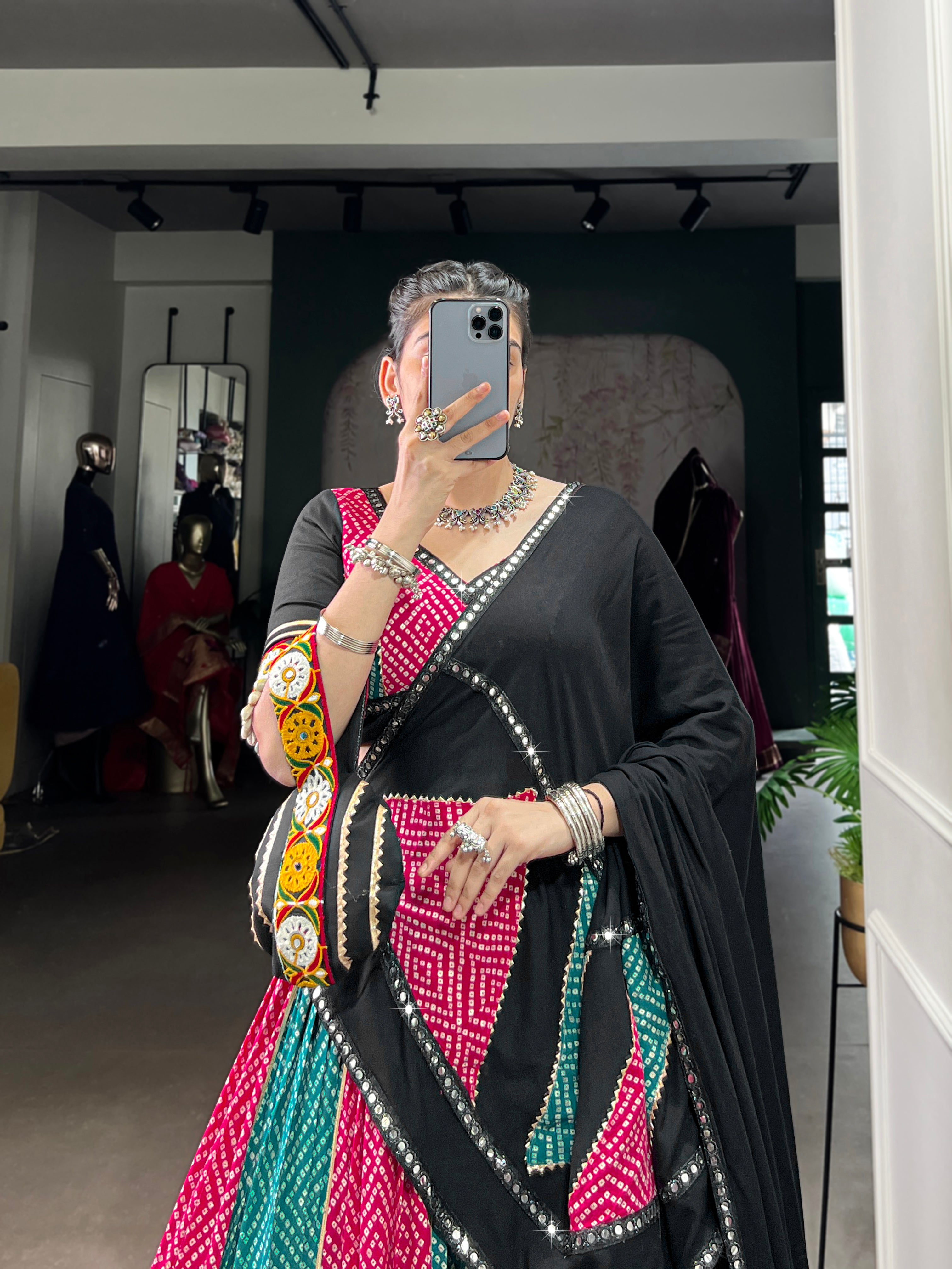 Vibrant Bandhani Lehenga Choli with Mirror Work Dupatta