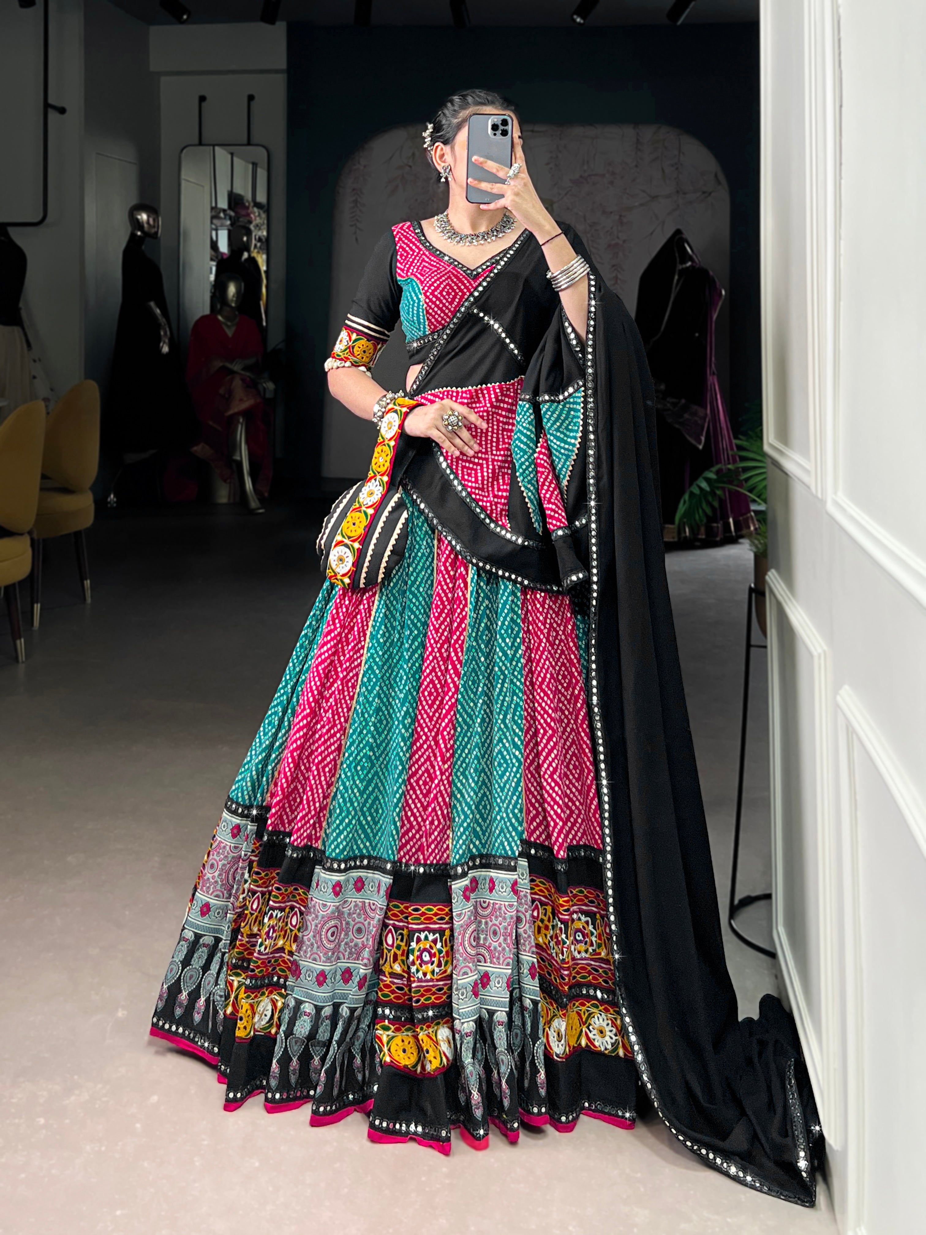 Vibrant Bandhani Lehenga Choli with Mirror Work Dupatta