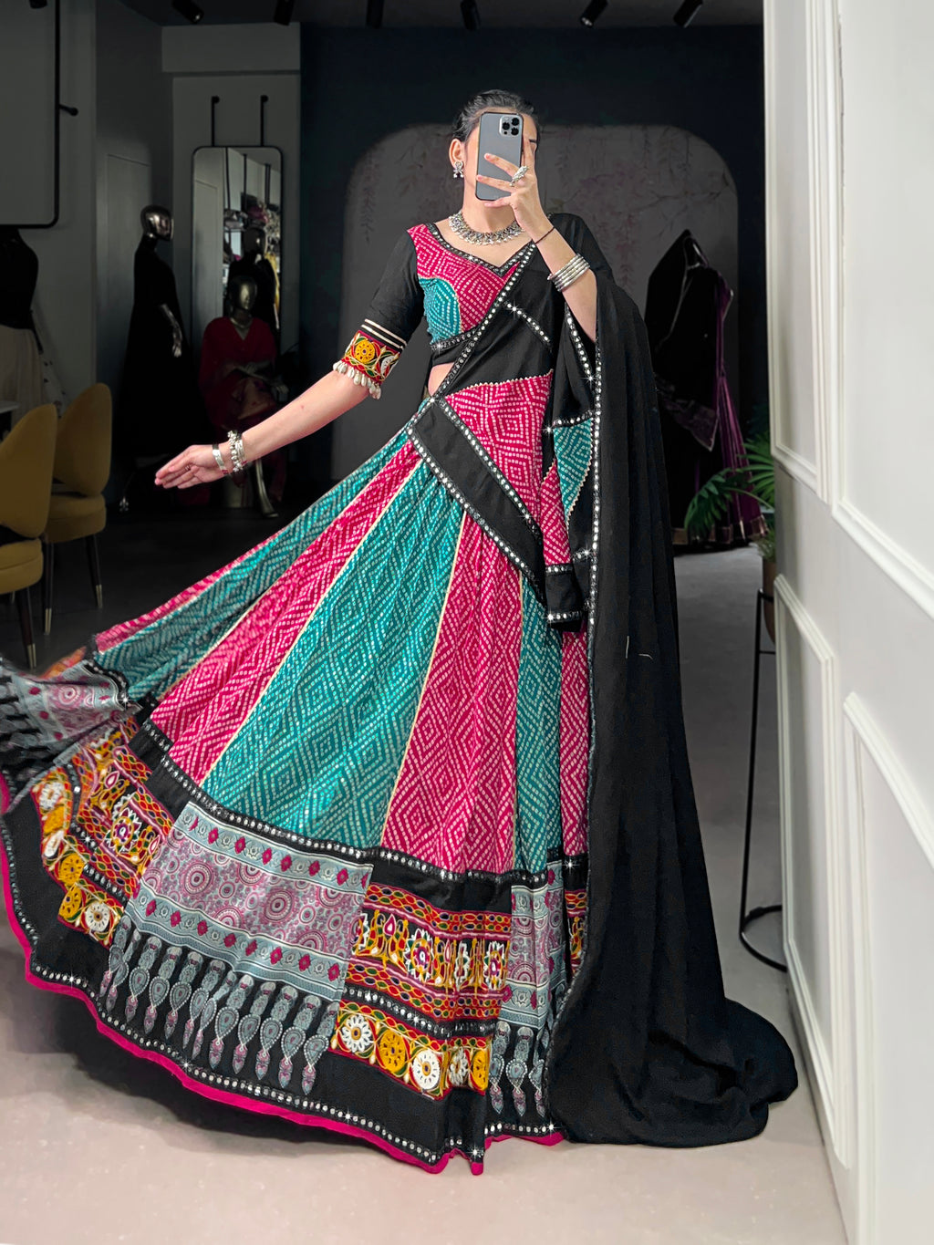 Vibrant Bandhani Lehenga Choli with Mirror Work Dupatta