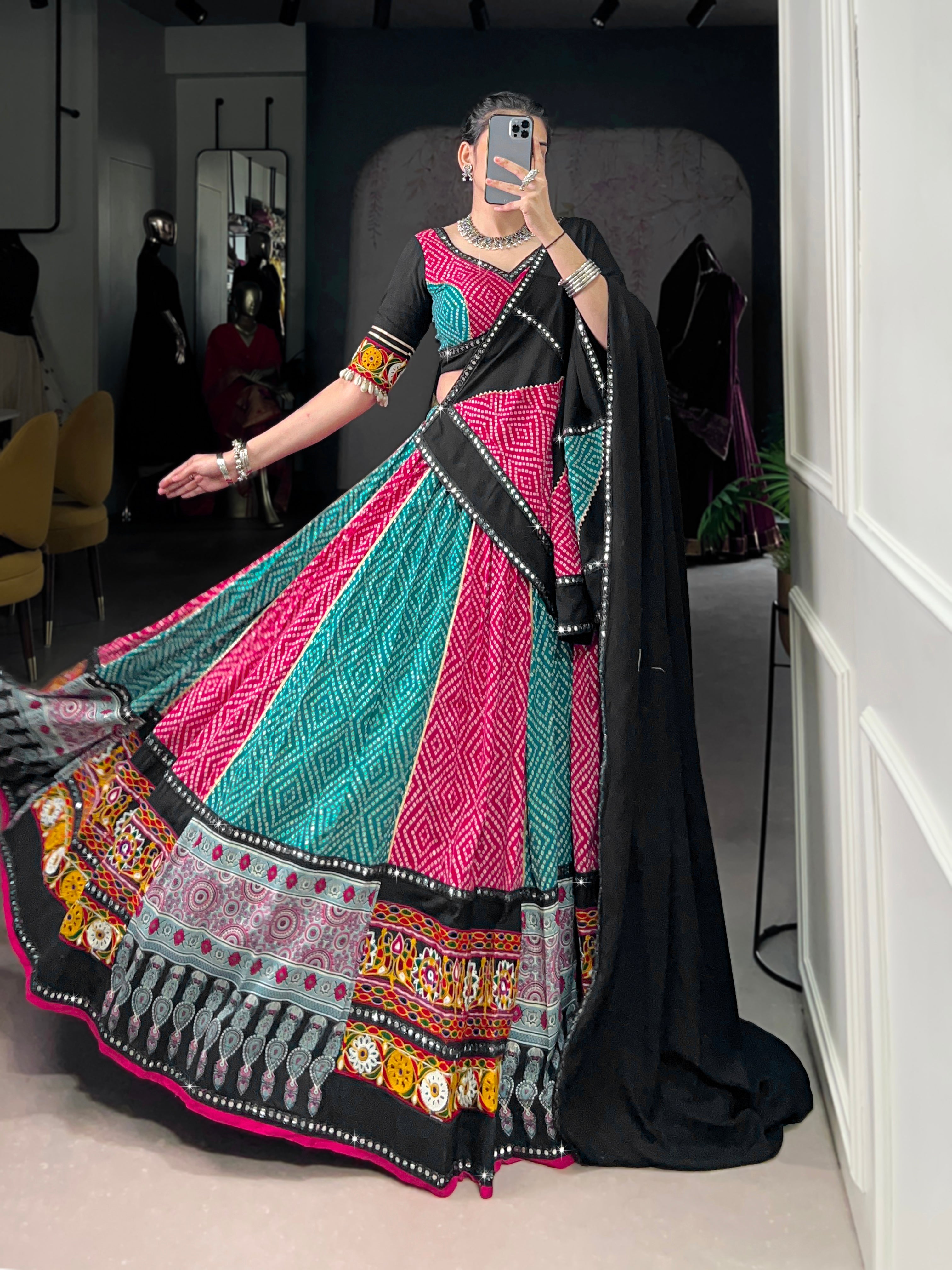 Vibrant Bandhani Lehenga Choli with Mirror Work Dupatta