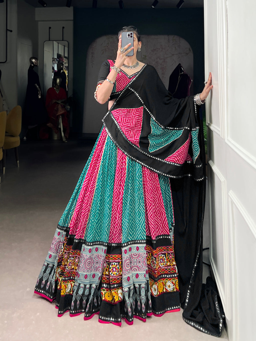 Vibrant Bandhani Lehenga Choli with Mirror Work Dupatta