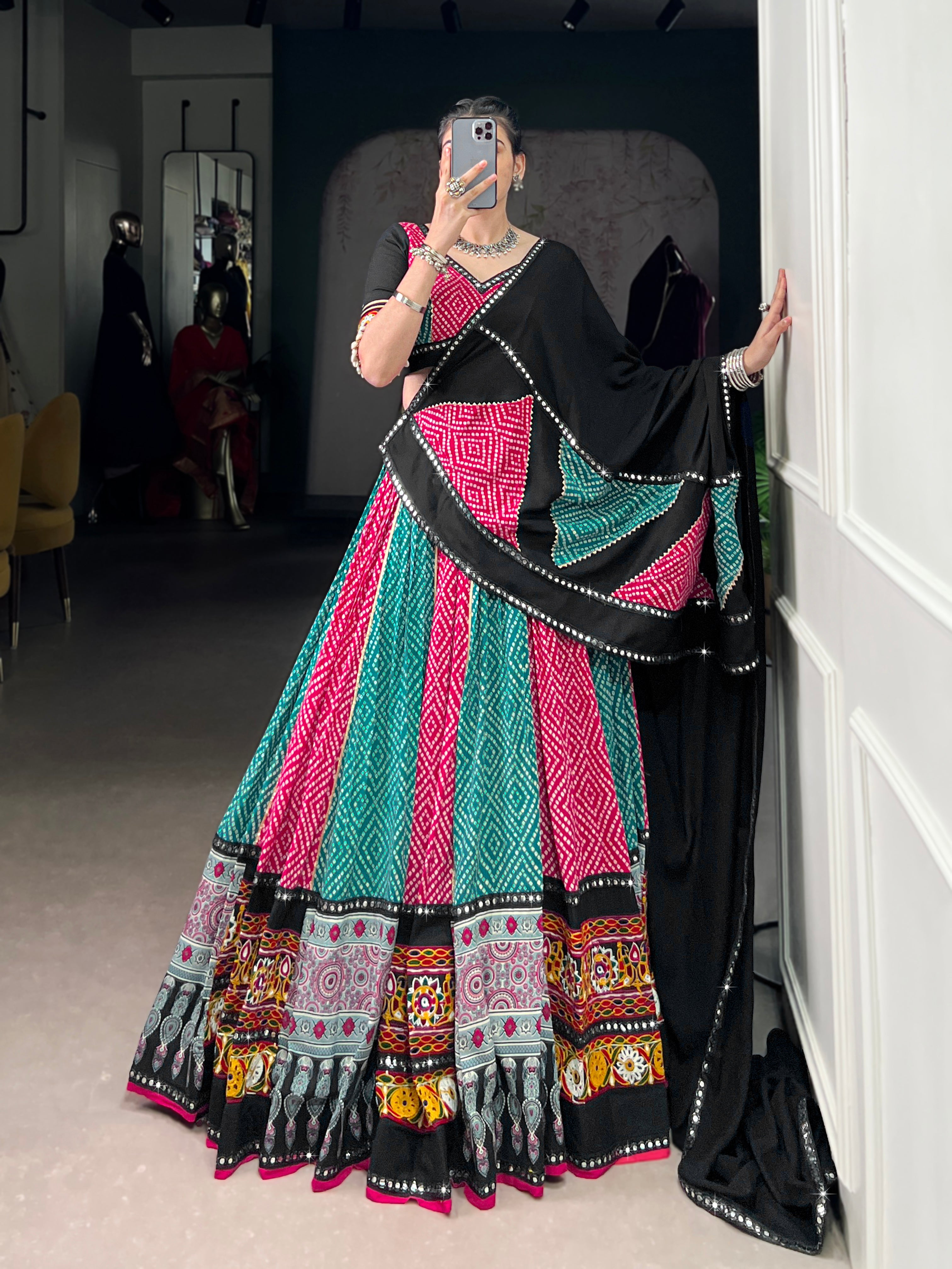 Vibrant Bandhani Lehenga Choli with Mirror Work Dupatta
