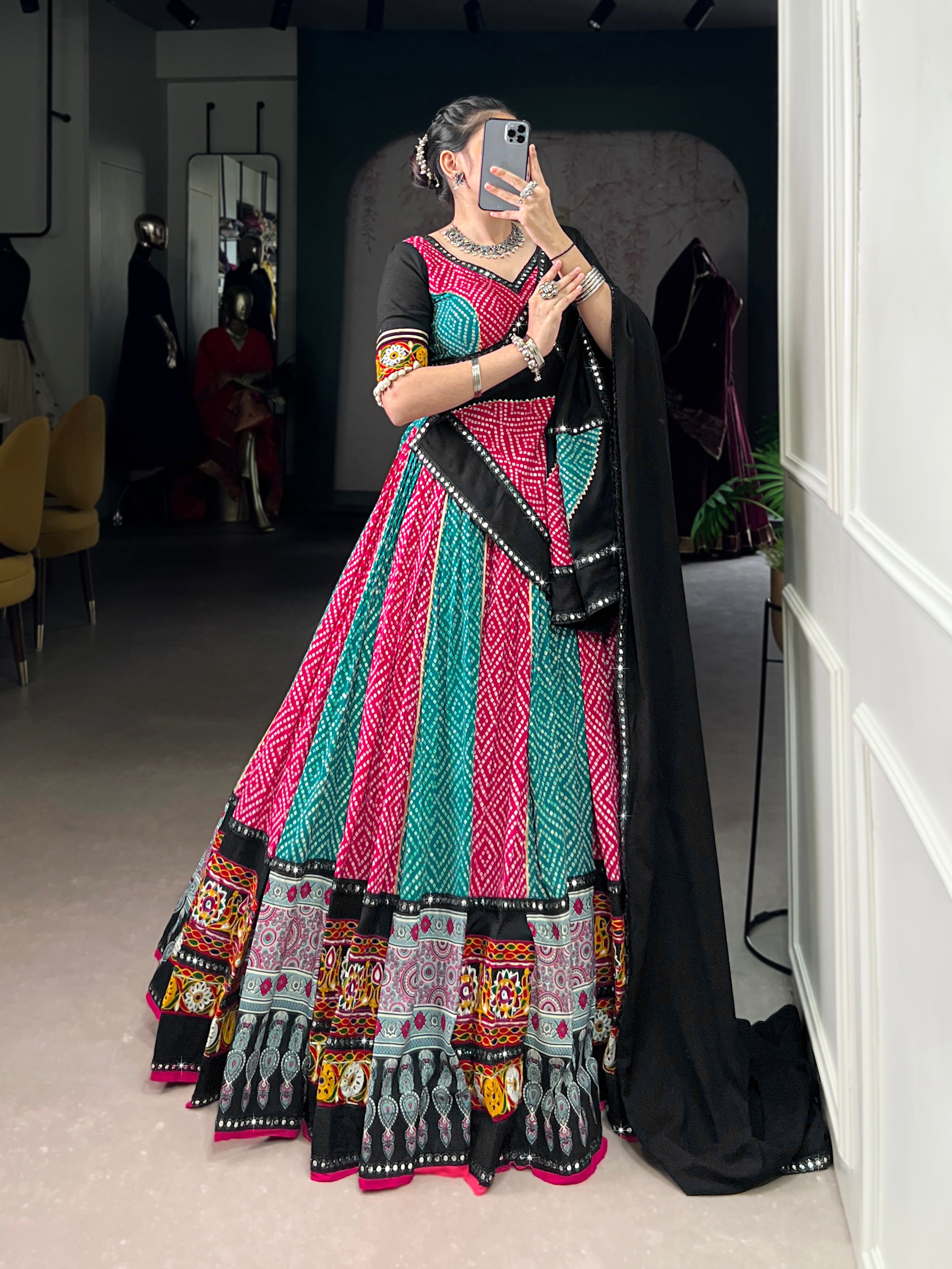 Vibrant Bandhani Lehenga Choli with Mirror Work Dupatta
