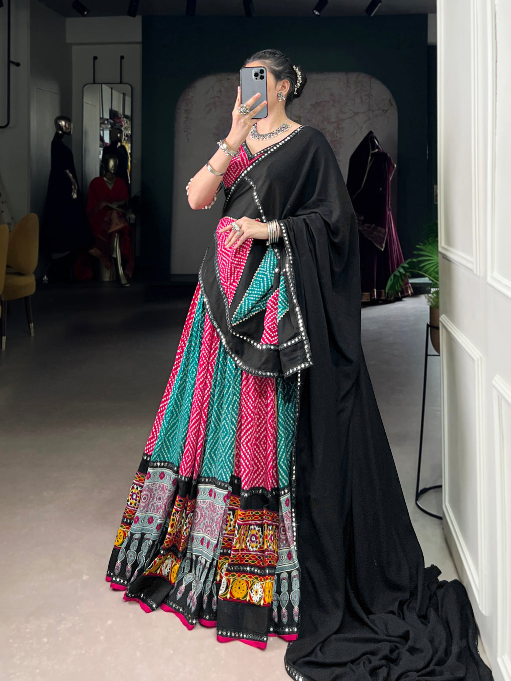 Vibrant Bandhani Lehenga Choli with Mirror Work Dupatta