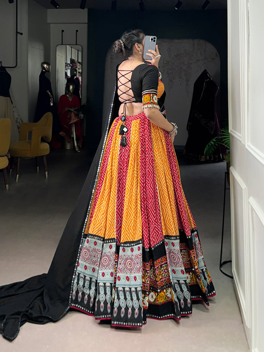 Vibrant Bandhani Lehenga Choli with Mirror Work Dupatta