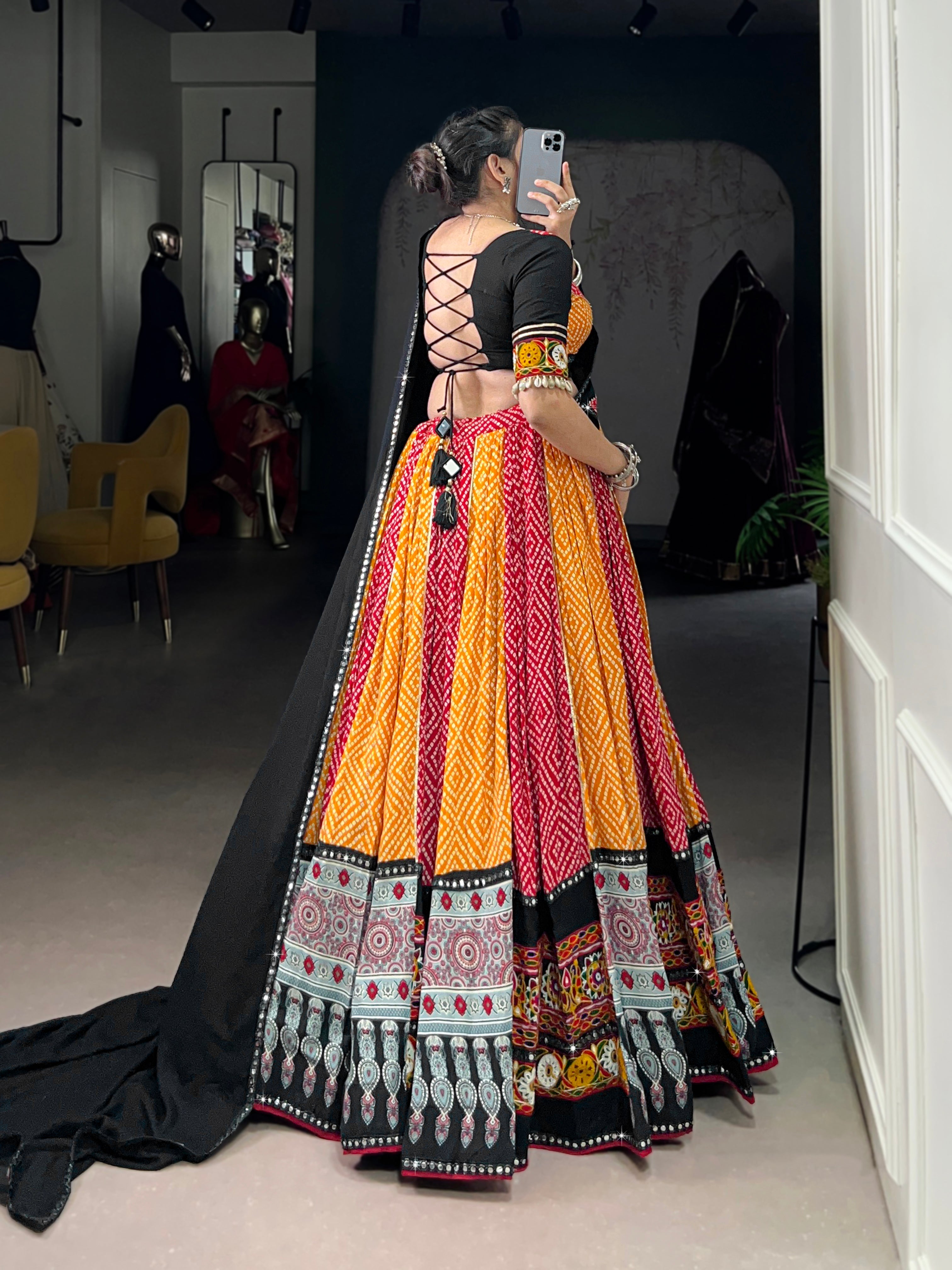 Vibrant Bandhani Lehenga Choli with Mirror Work Dupatta