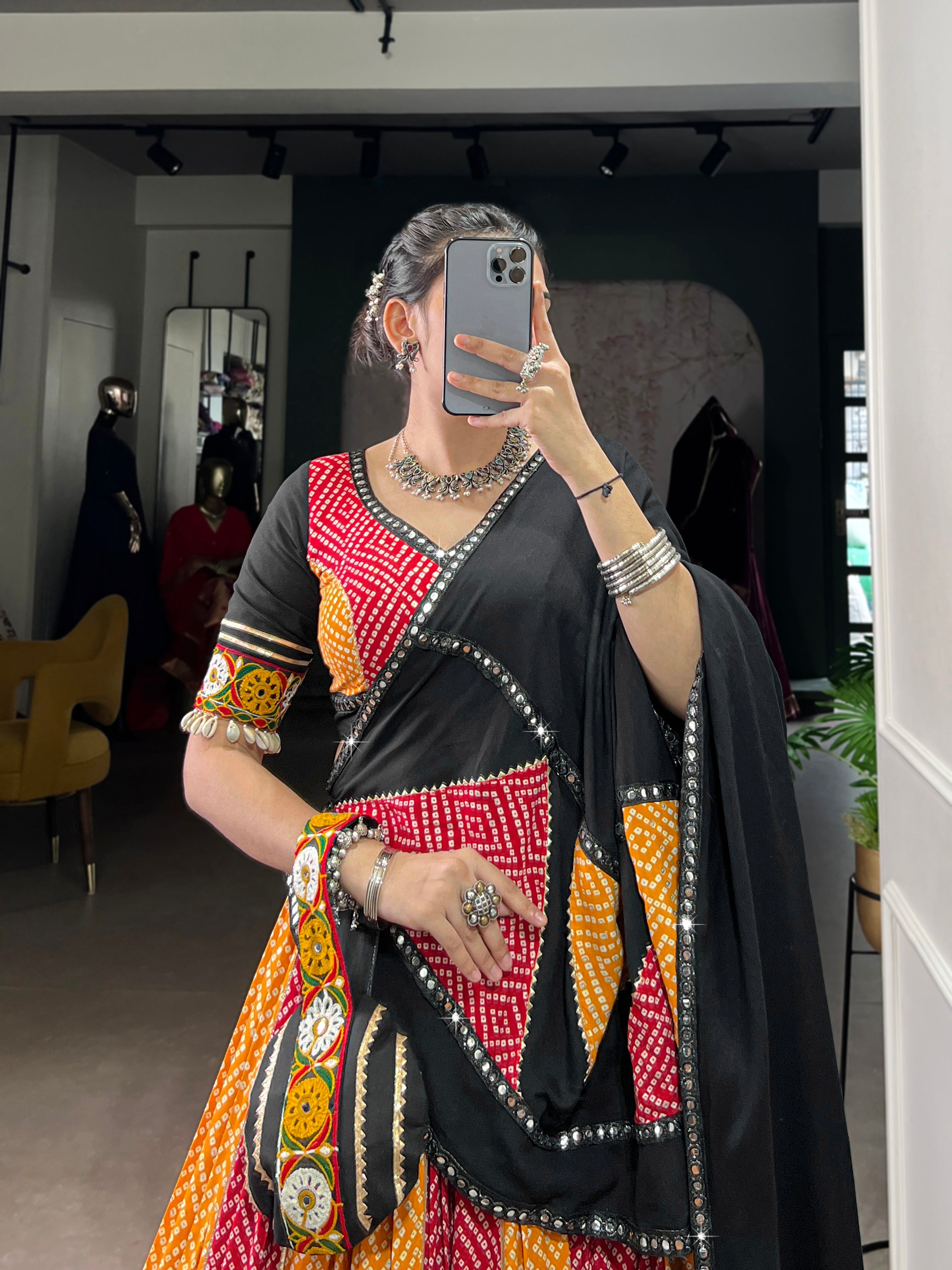 Vibrant Bandhani Lehenga Choli with Mirror Work Dupatta