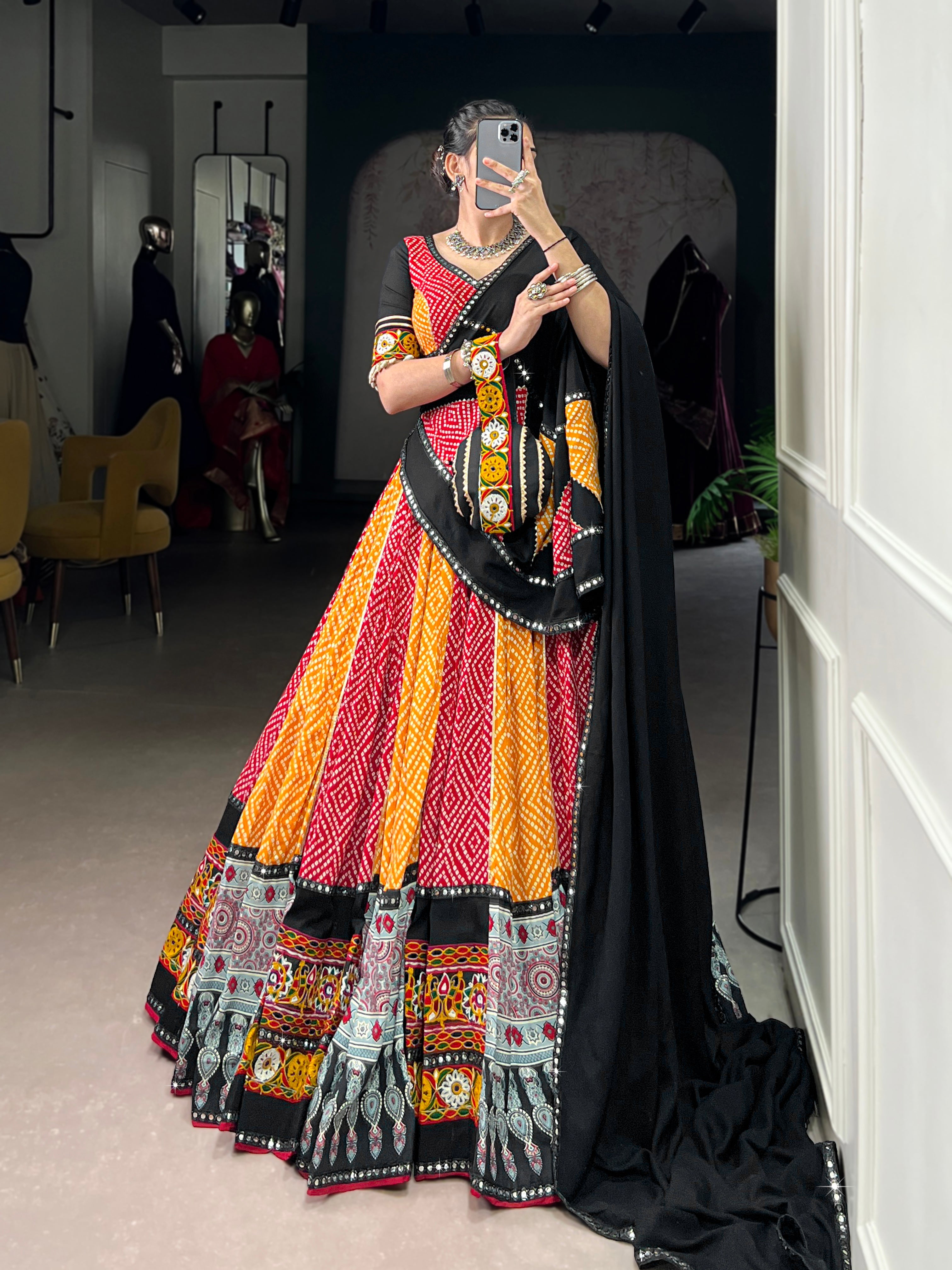 Vibrant Bandhani Lehenga Choli with Mirror Work Dupatta