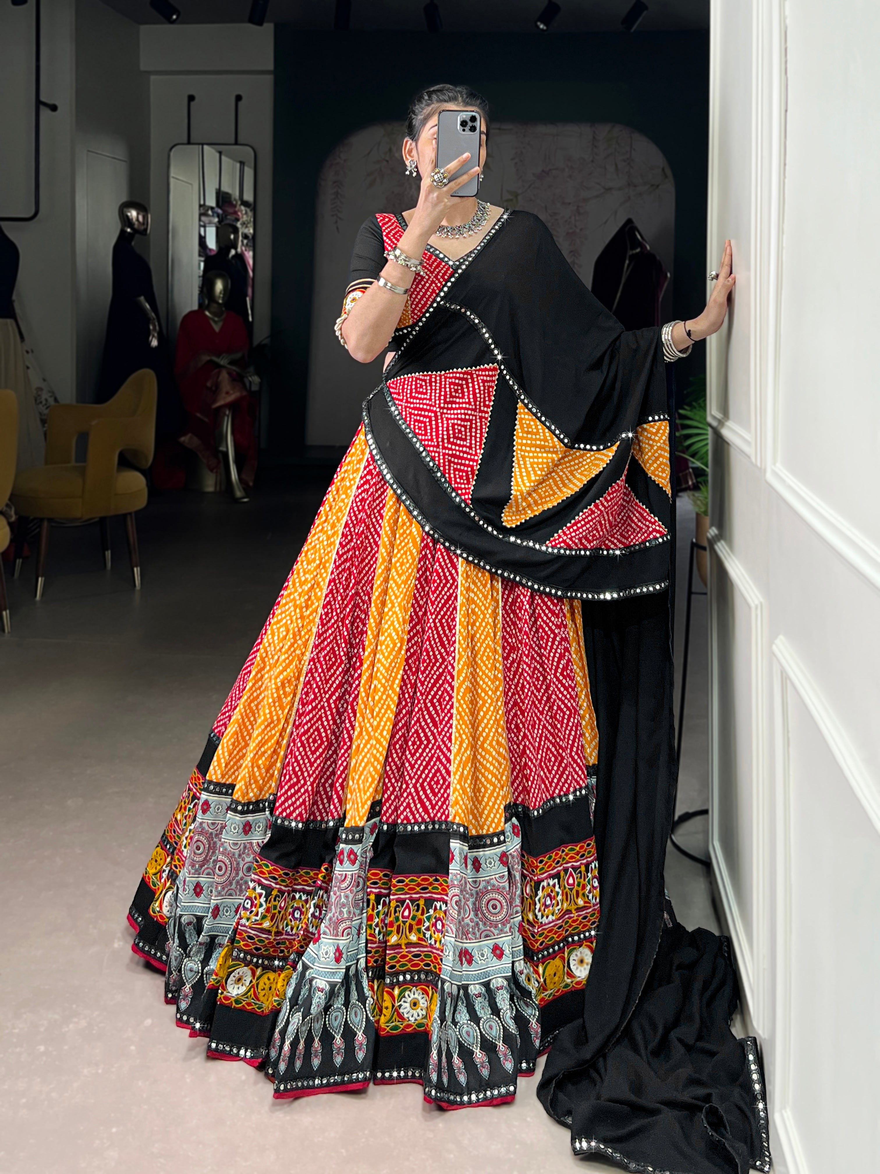 Vibrant Bandhani Lehenga Choli with Mirror Work Dupatta