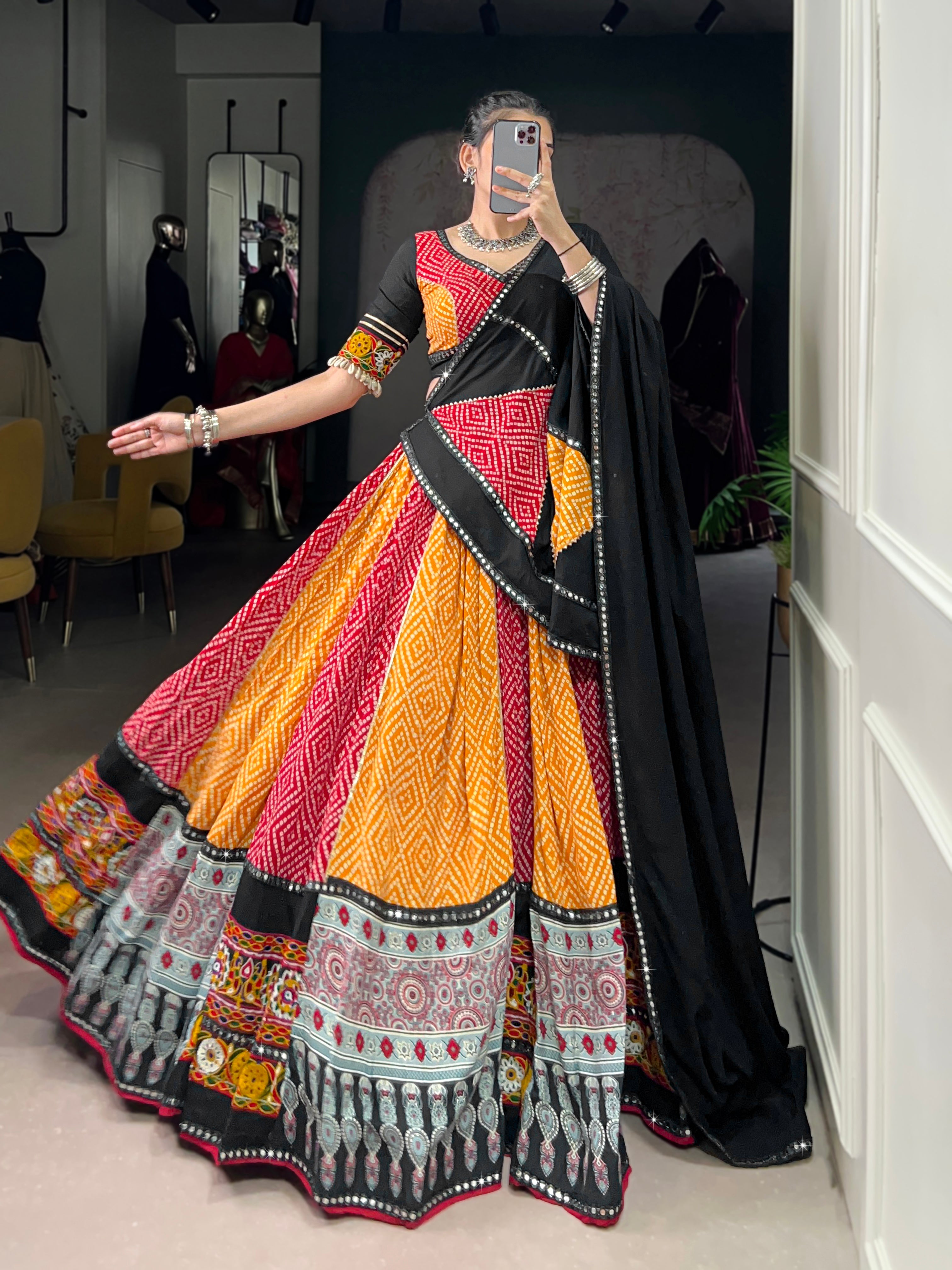 Vibrant Bandhani Lehenga Choli with Mirror Work Dupatta