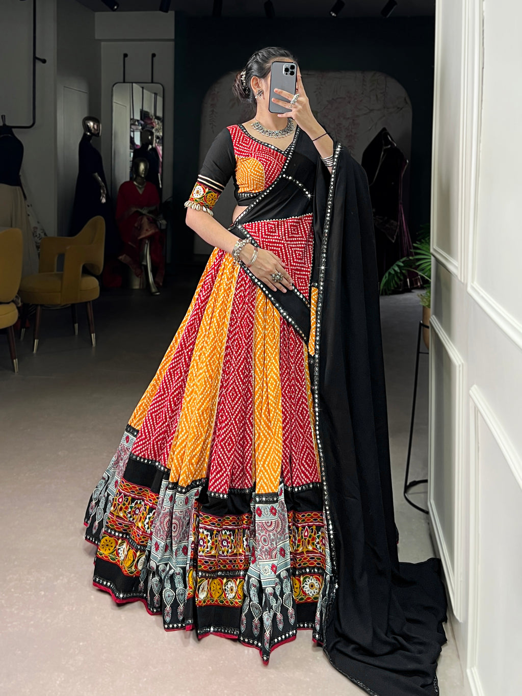 Vibrant Bandhani Lehenga Choli with Mirror Work Dupatta
