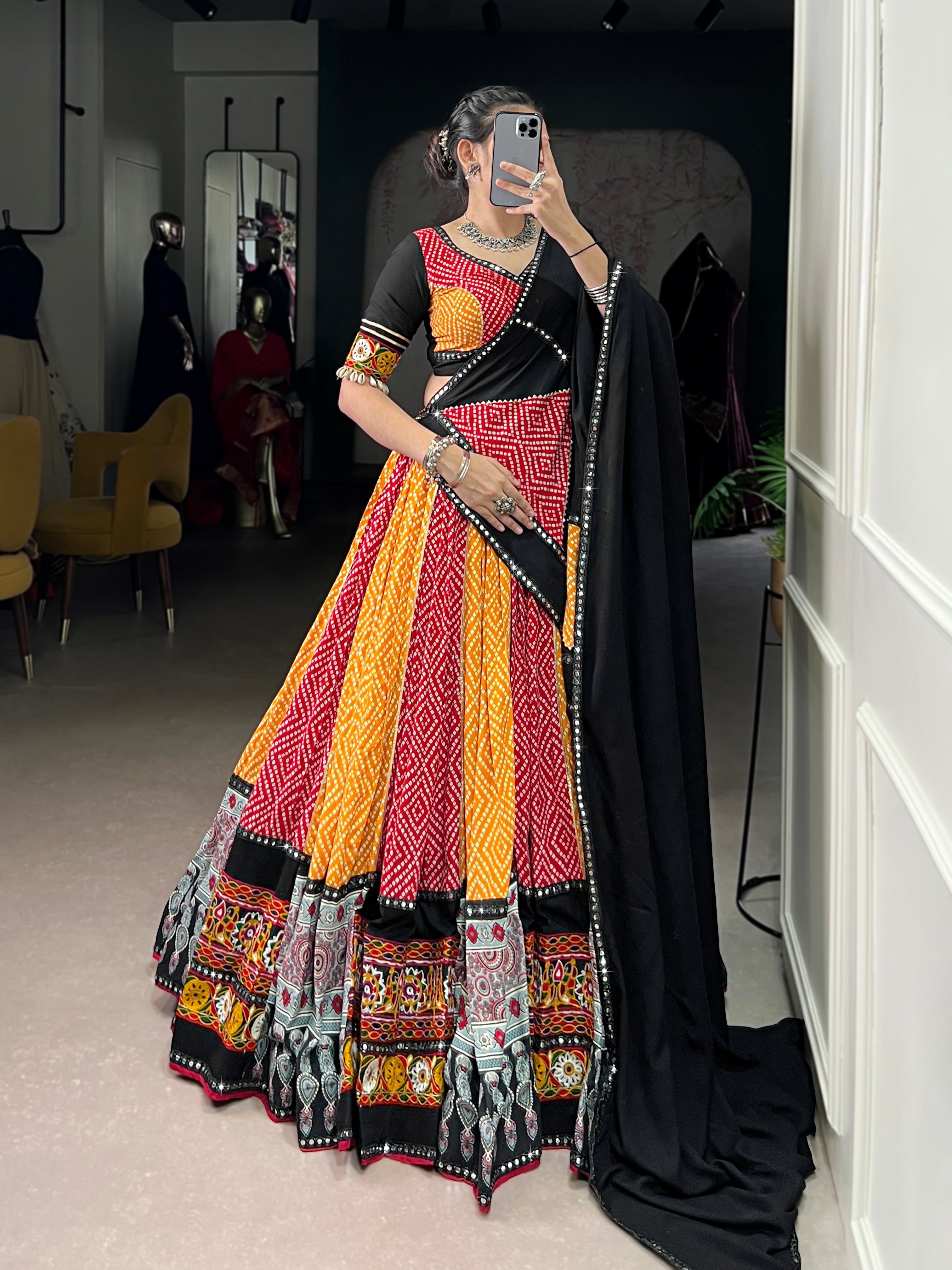 Vibrant Bandhani Lehenga Choli with Mirror Work Dupatta