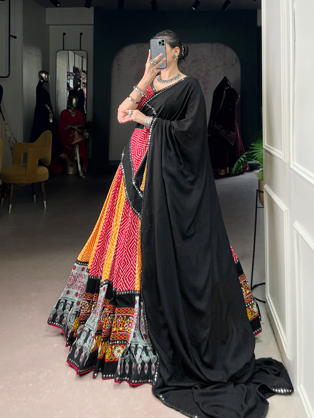 Vibrant Bandhani Lehenga Choli with Mirror Work Dupatta