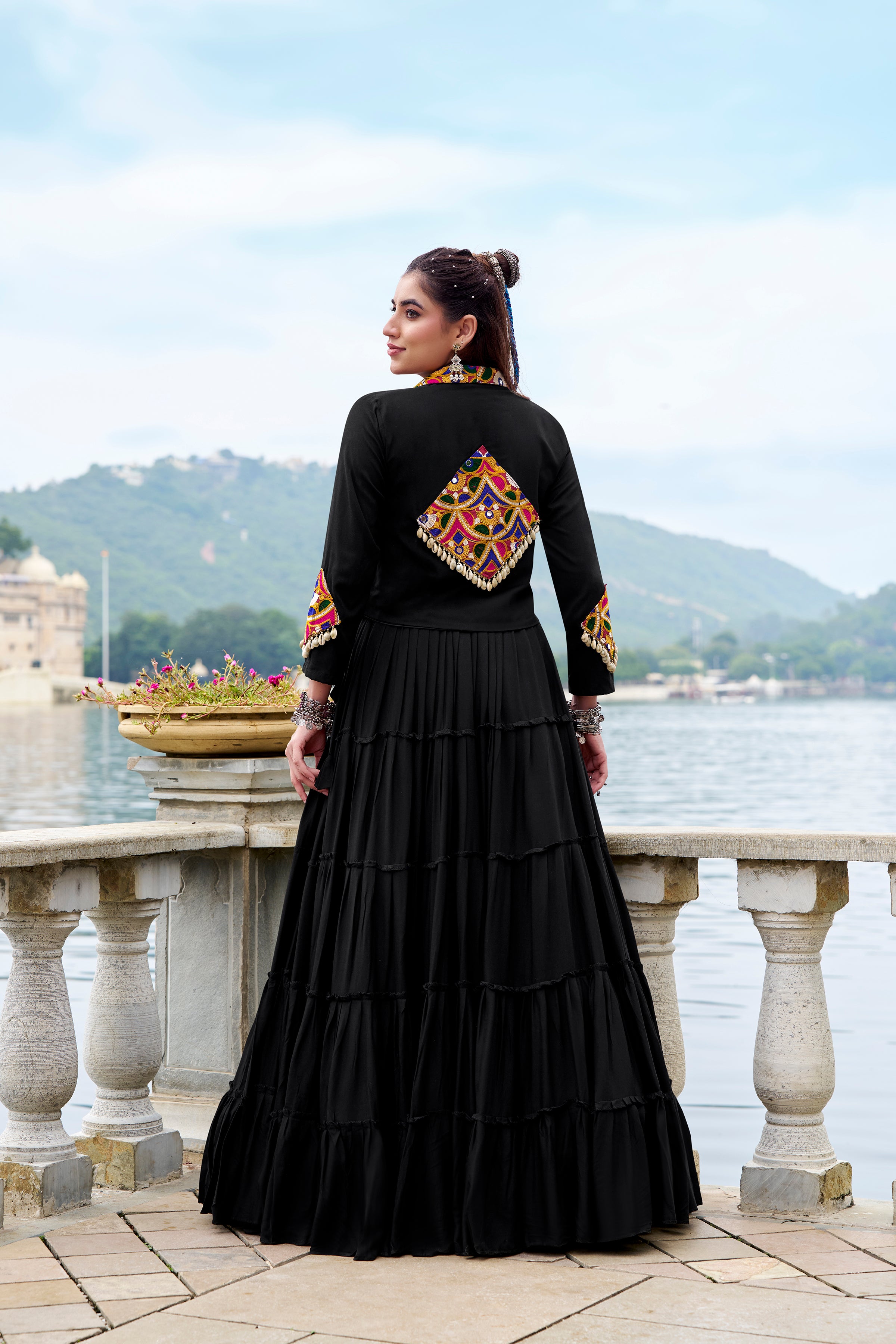 Solid black pure Rayon choli styled for traditional party looks