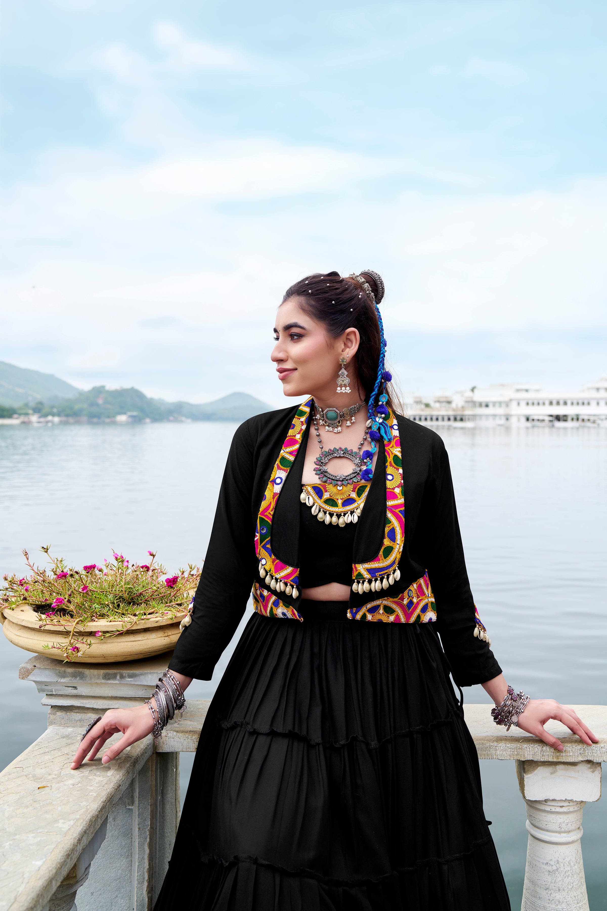 Solid black pure Rayon choli styled for traditional party looks