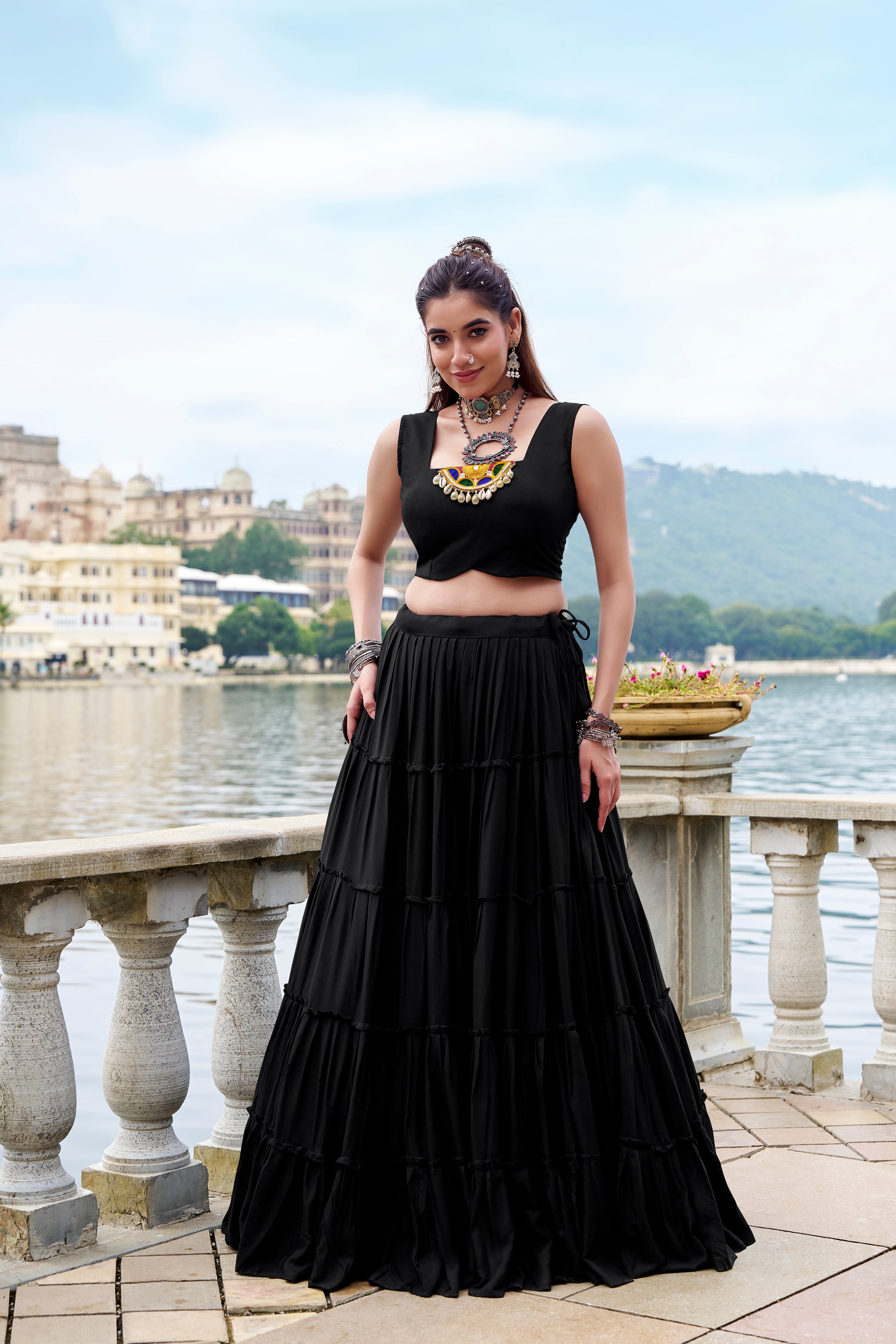 Solid black pure Rayon choli styled for traditional party looks
