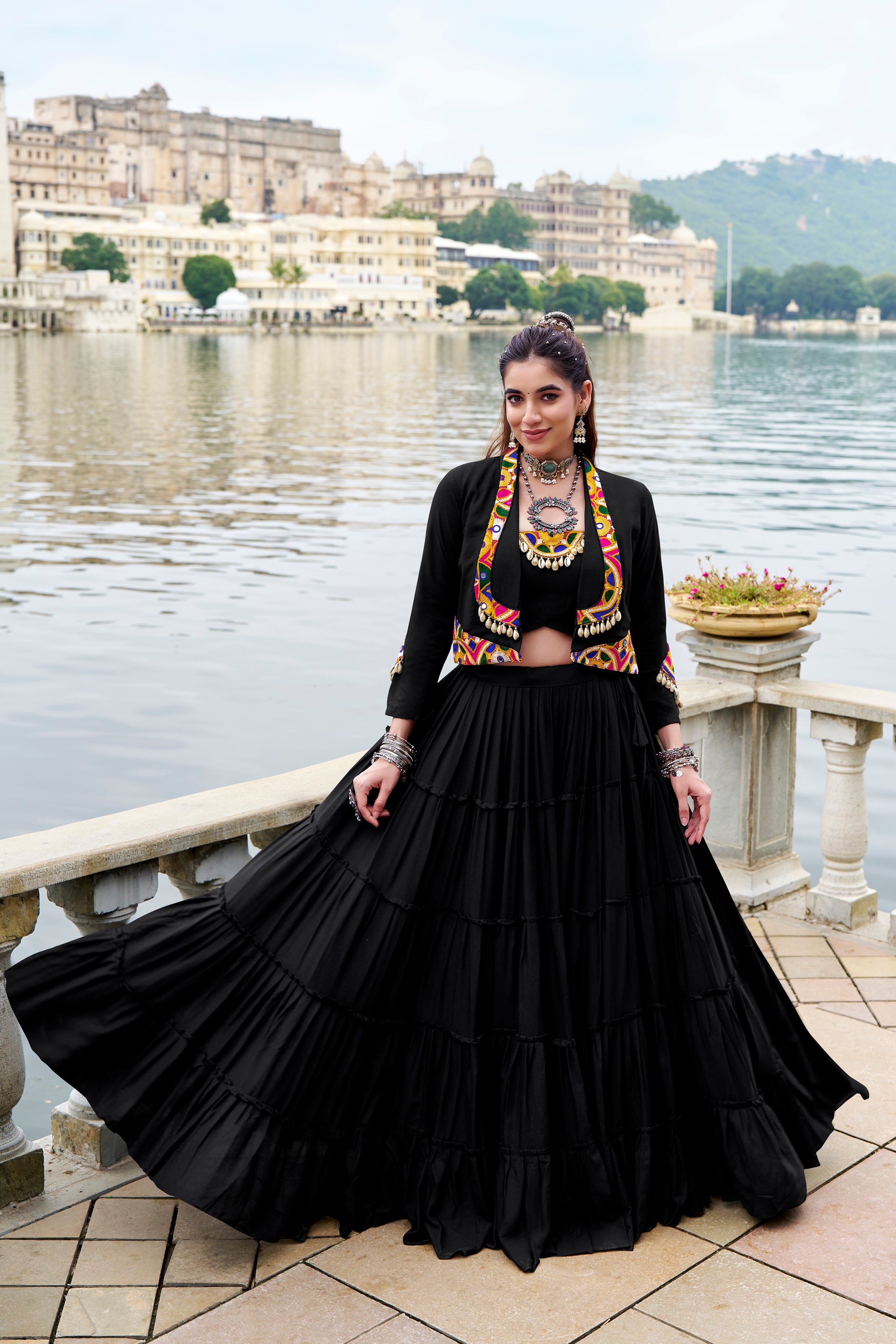 Solid black pure Rayon choli styled for traditional party looks