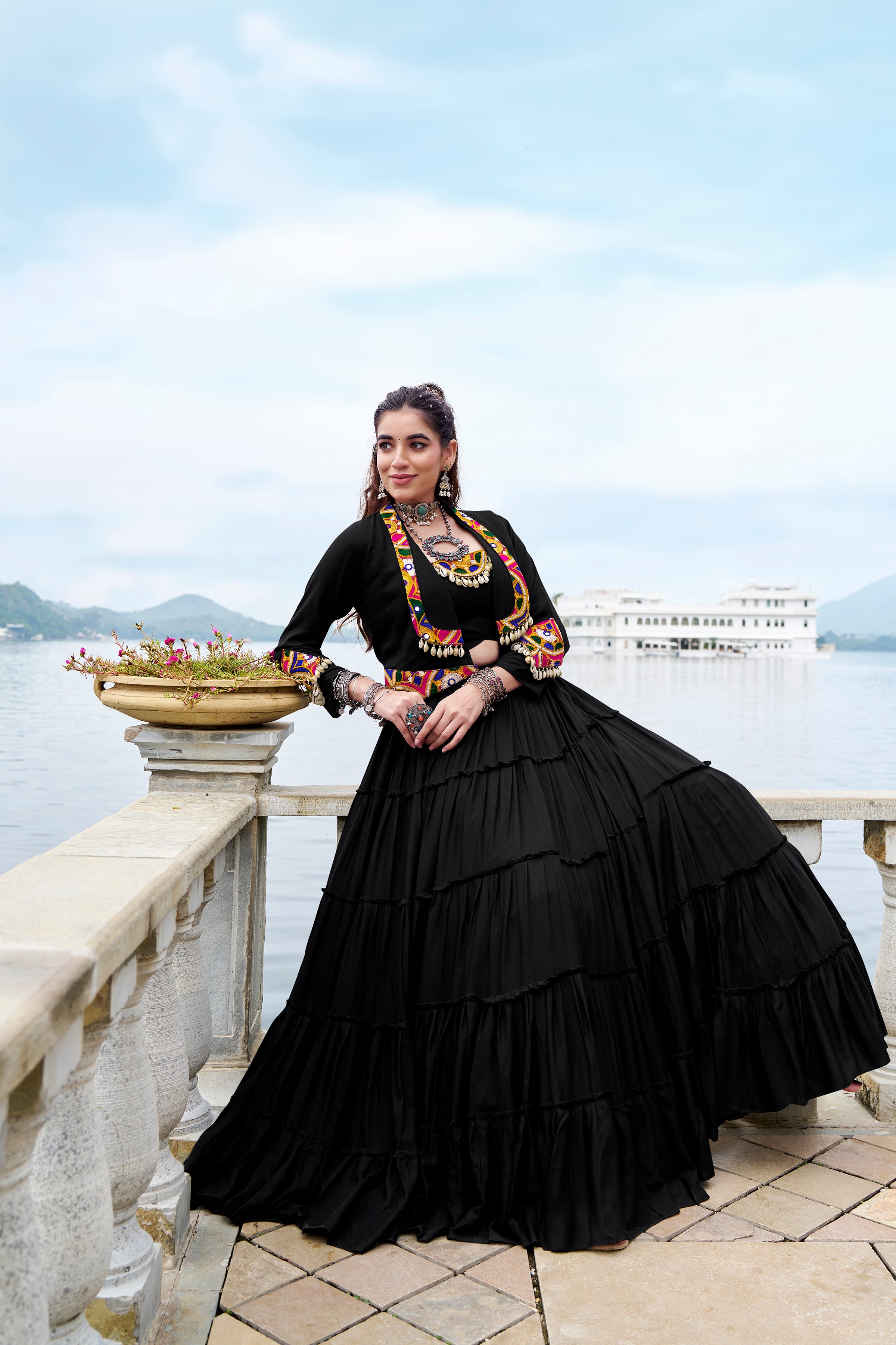 Solid black pure Rayon choli styled for traditional party looks