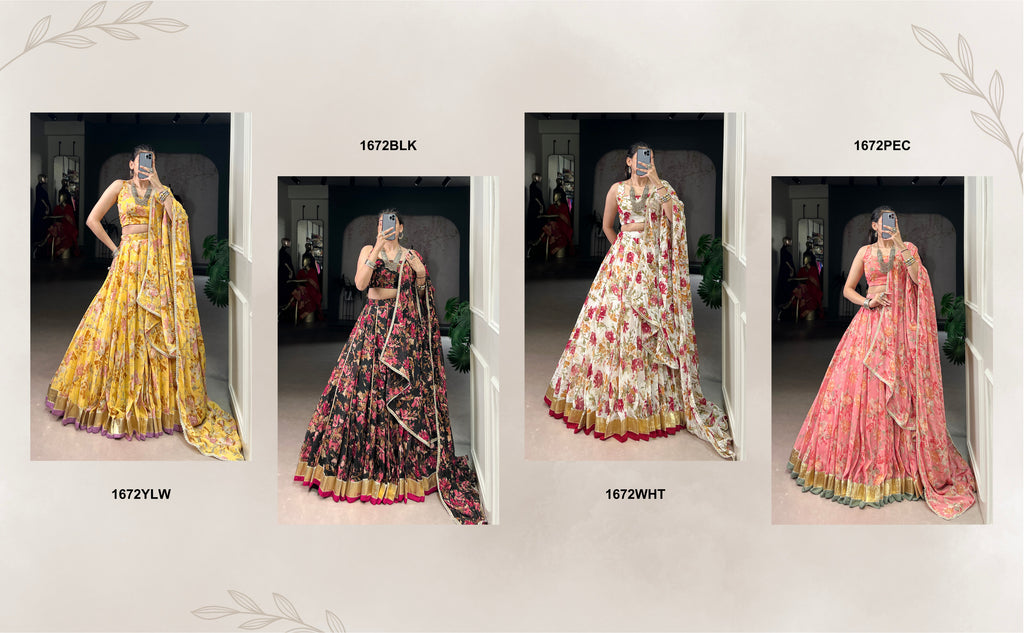 Floral Elegance Chiffon Choli with Golden Border Detailing
