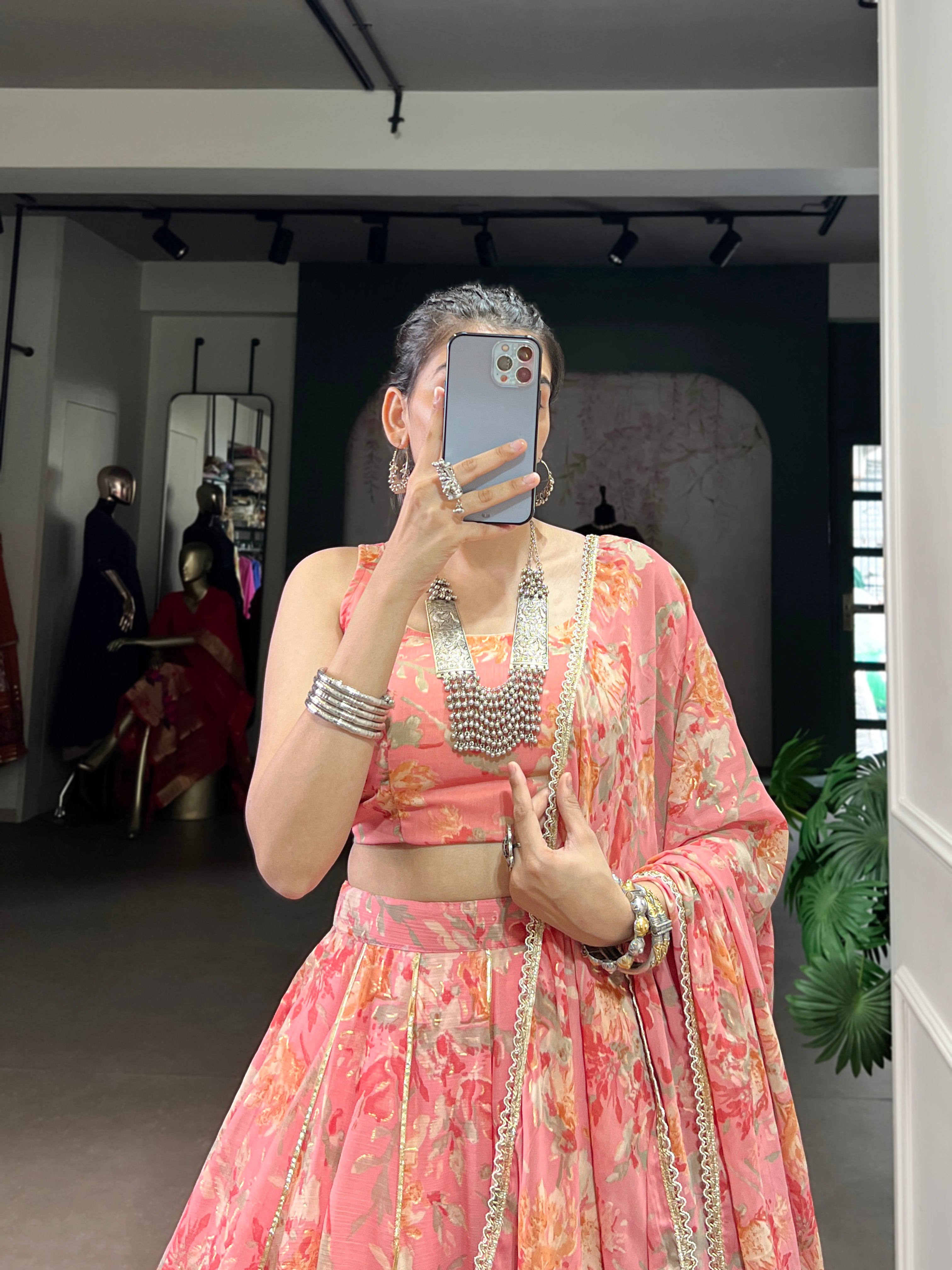 Floral Elegance Chiffon Choli with Golden Border Detailing