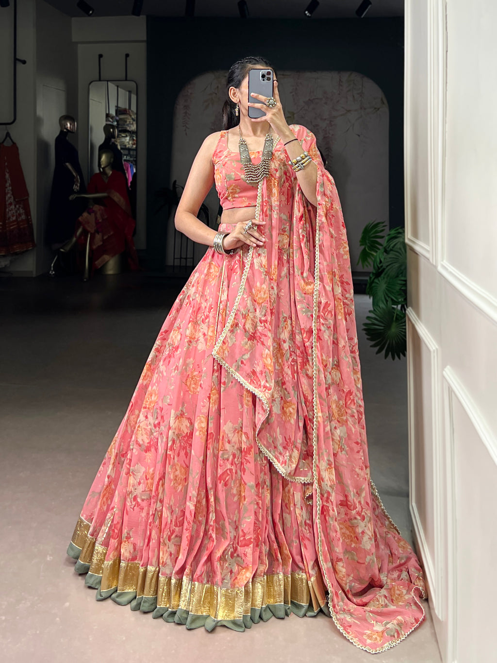 Floral Elegance Chiffon Choli with Golden Border Detailing