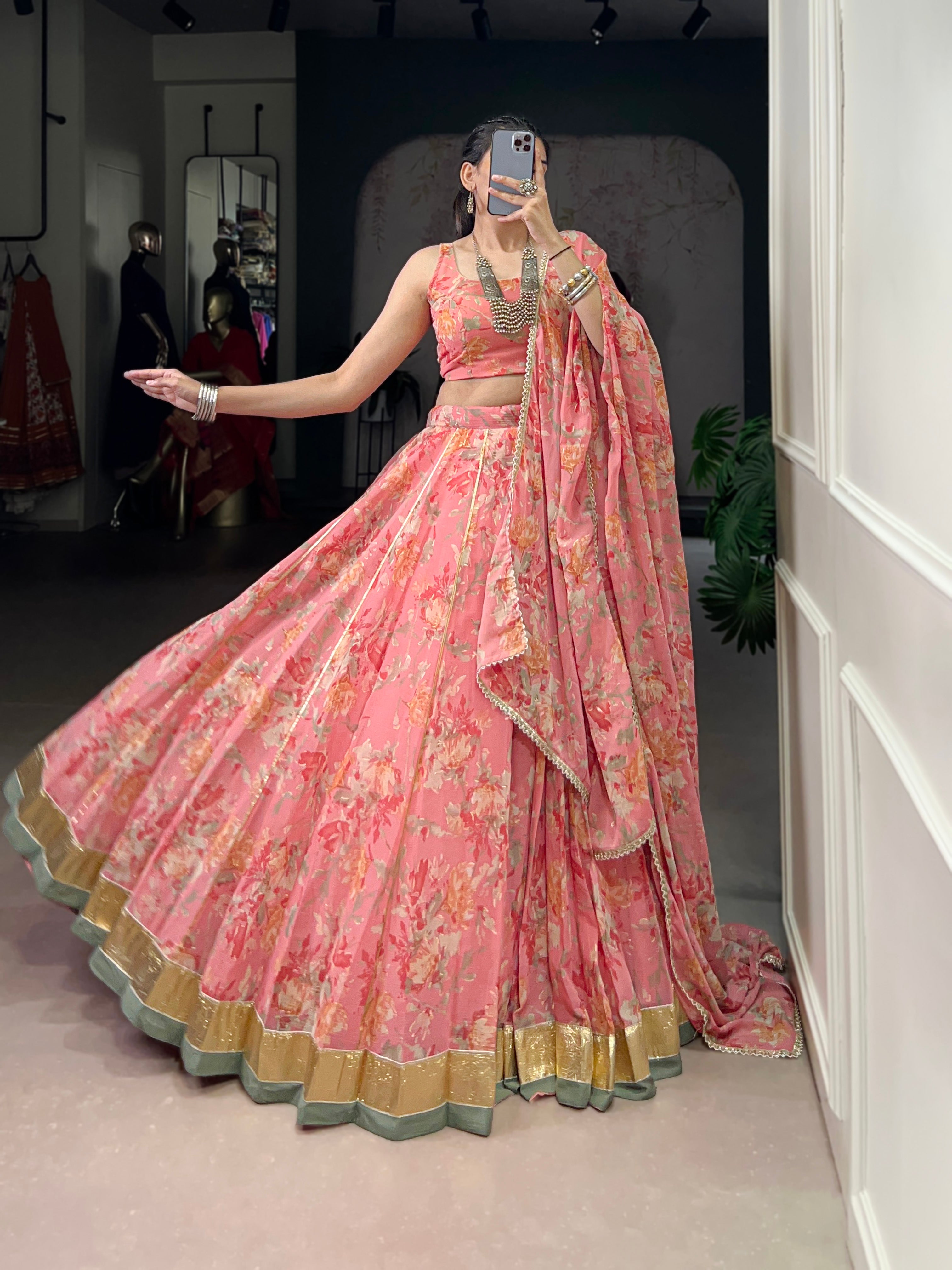 Floral Elegance Chiffon Choli with Golden Border Detailing