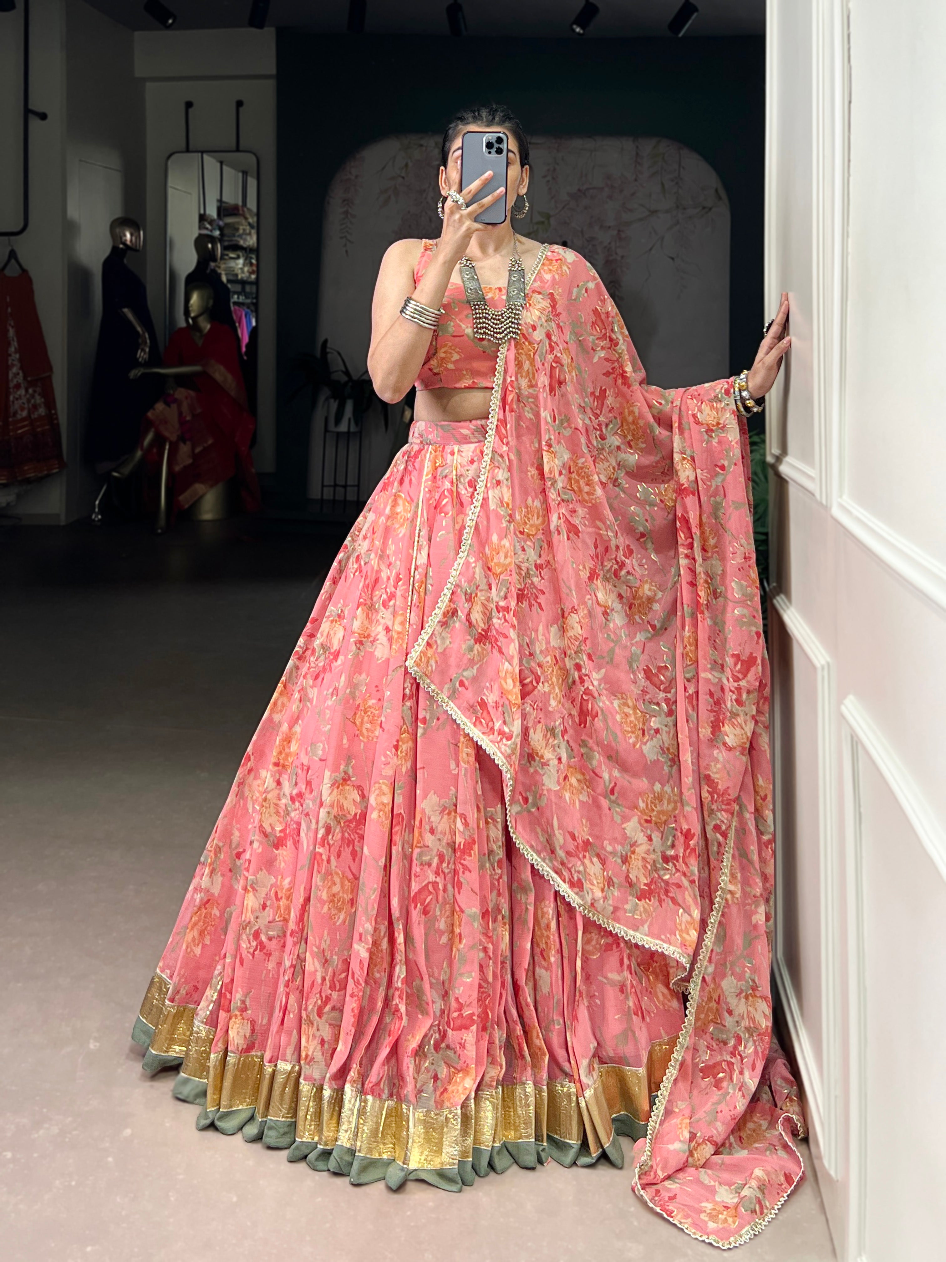 Floral Elegance Chiffon Choli with Golden Border Detailing