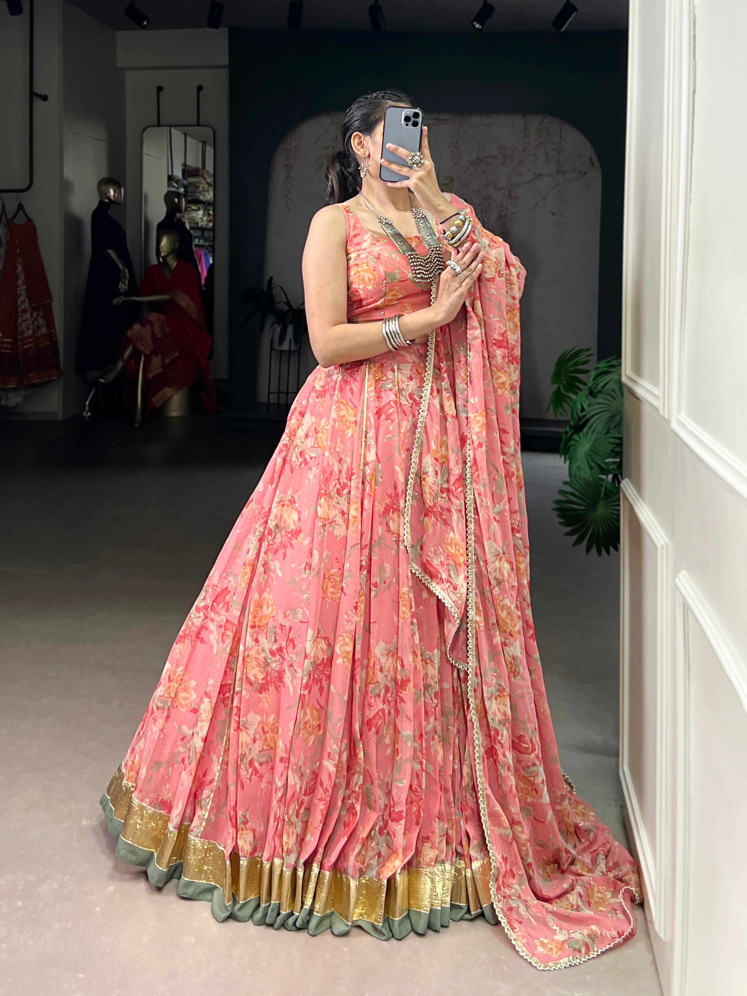 Floral Elegance Chiffon Choli with Golden Border Detailing
