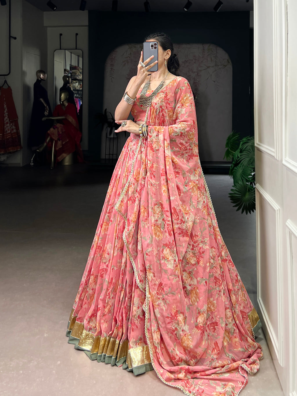 Floral Elegance Chiffon Choli with Golden Border Detailing