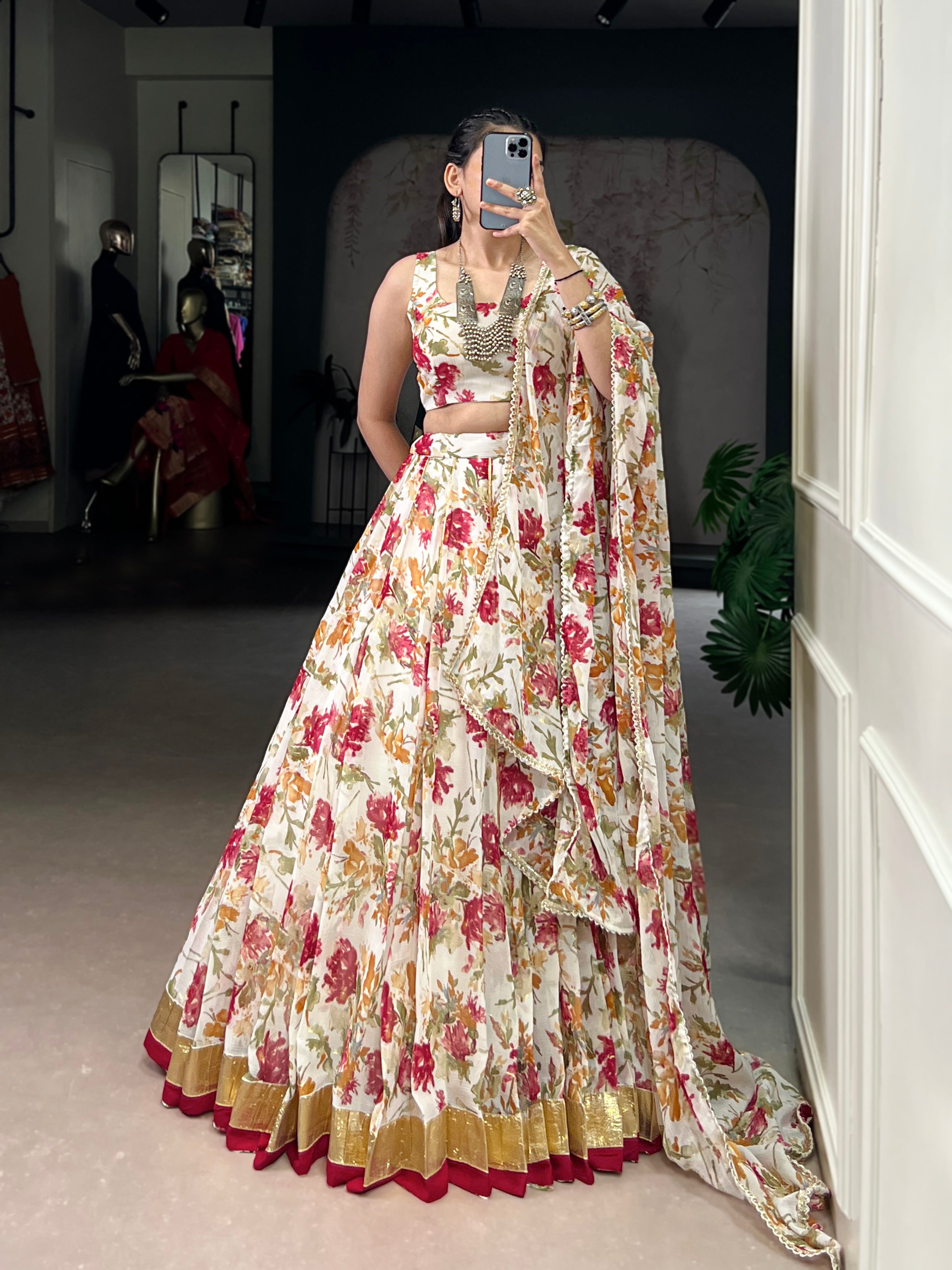 Floral Elegance Chiffon Choli with Golden Border Detailing