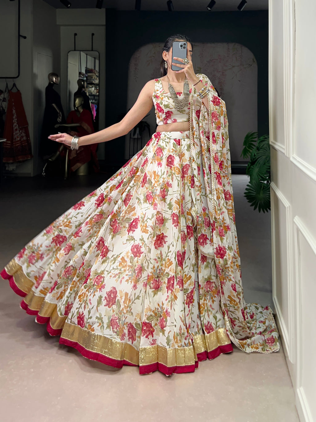Floral Elegance Chiffon Choli with Golden Border Detailing