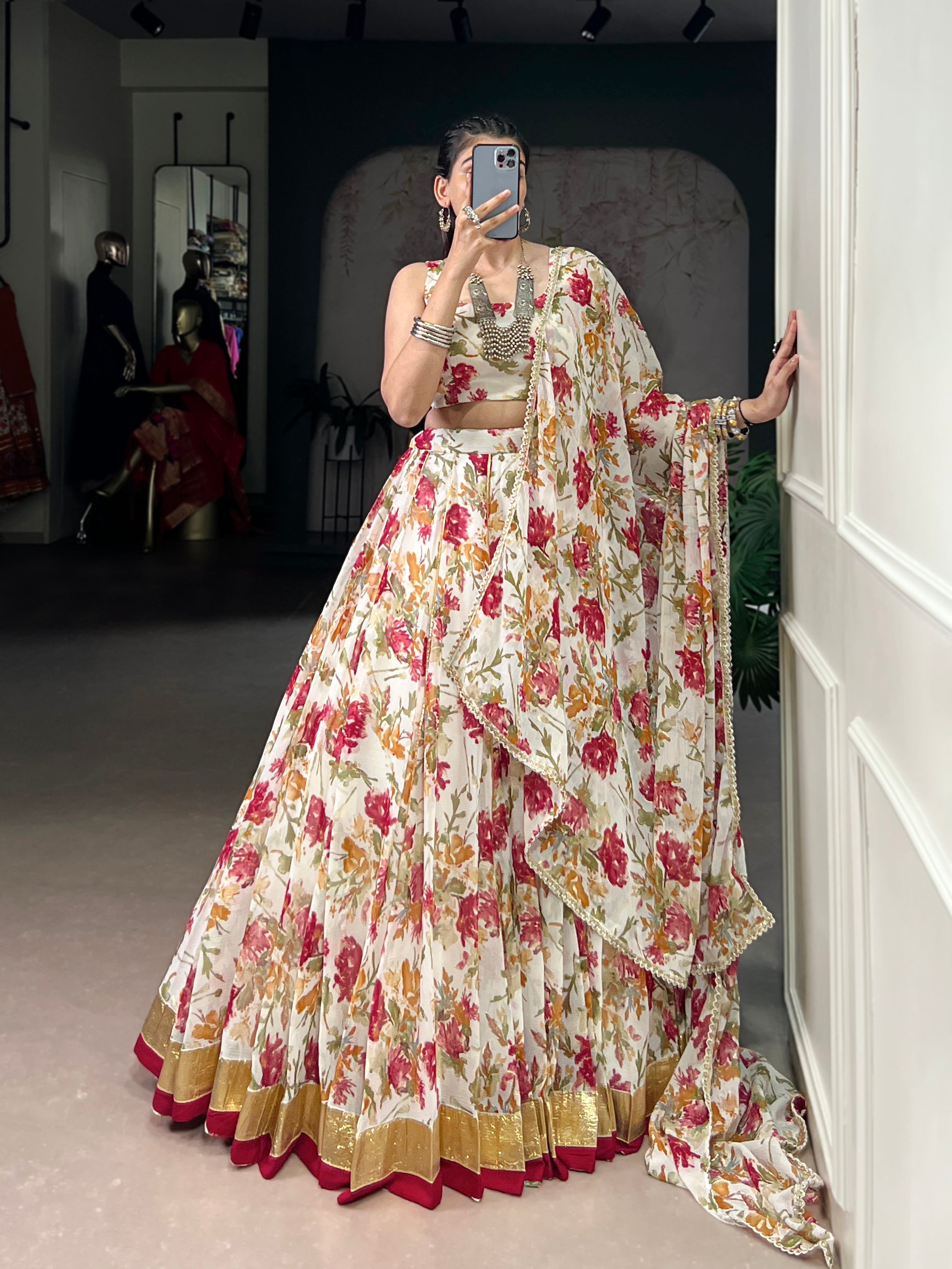 Floral Elegance Chiffon Choli with Golden Border Detailing