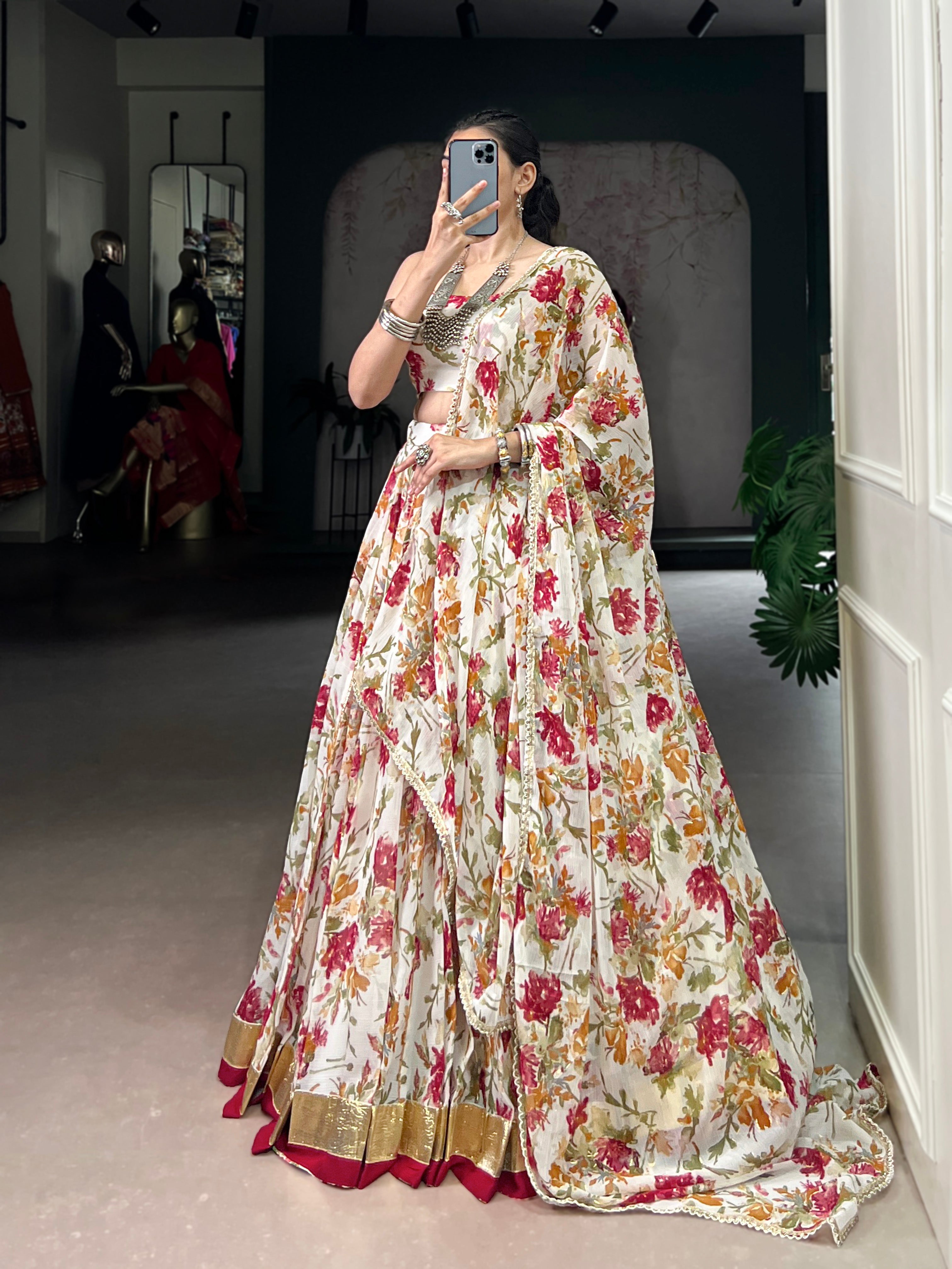 Floral Elegance Chiffon Choli with Golden Border Detailing