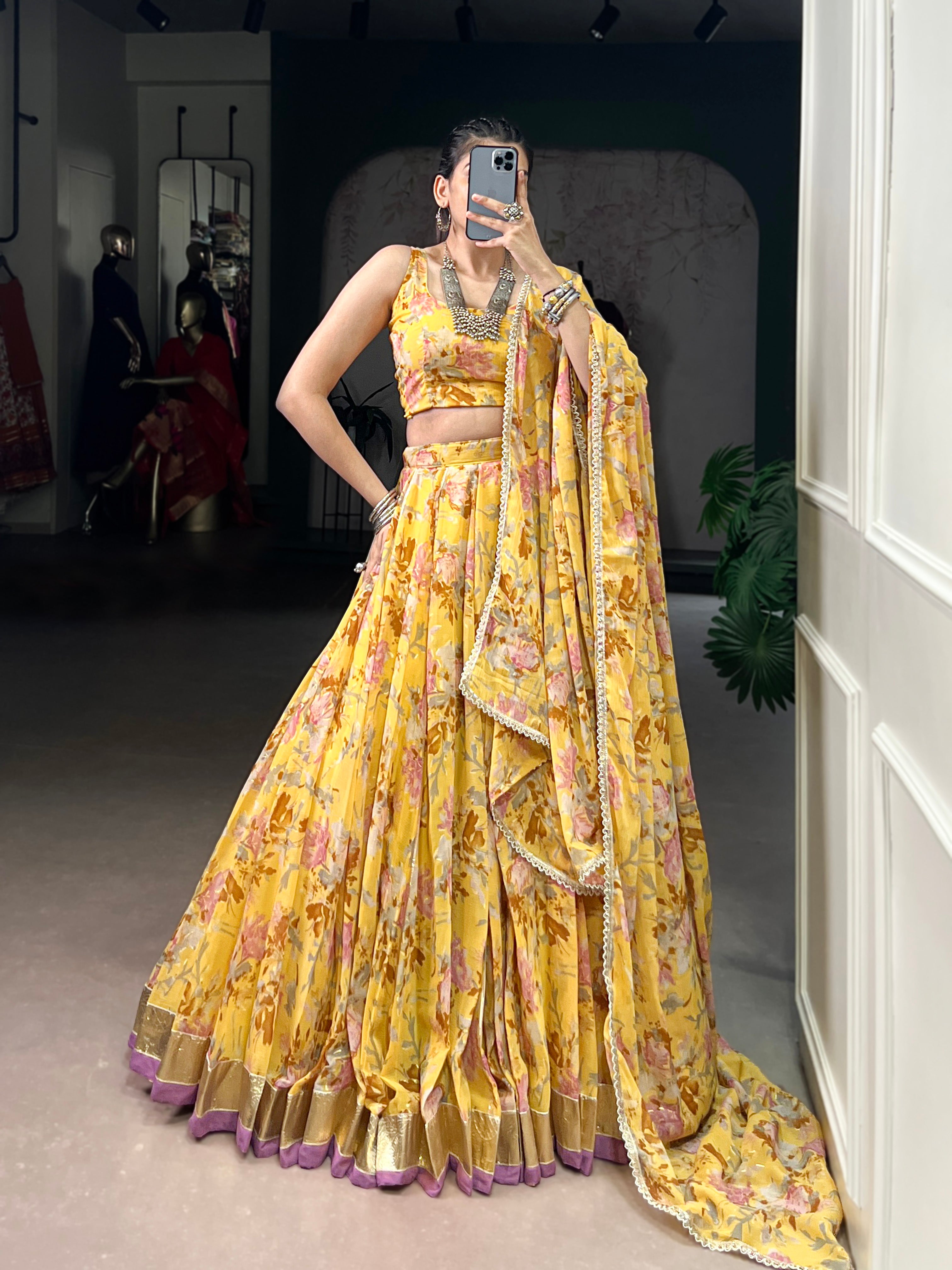 Floral Elegance Chiffon Choli with Golden Border Detailing