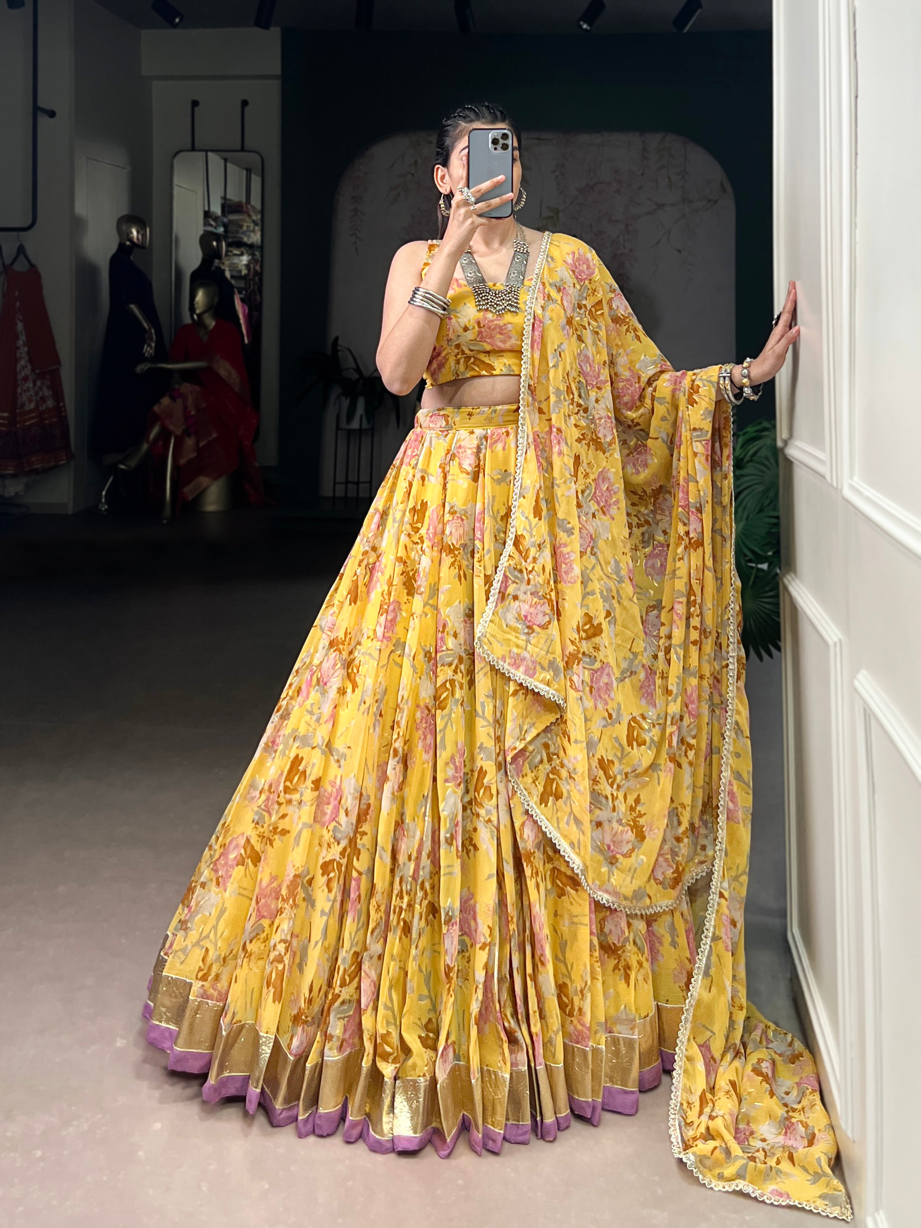 Floral Elegance Chiffon Choli with Golden Border Detailing