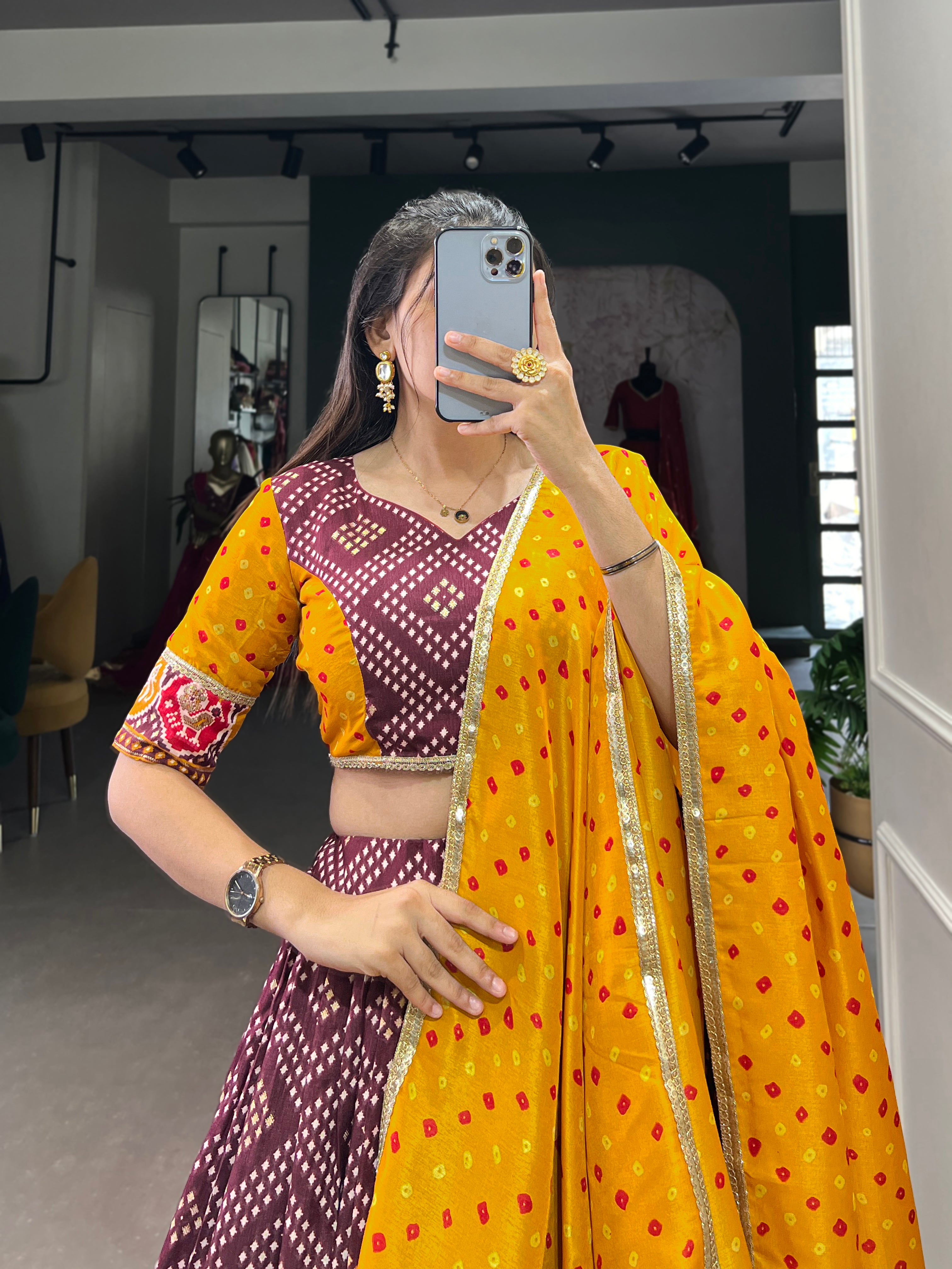 Vibrant Purple Bandhani Chaniya Choli with Patola Border