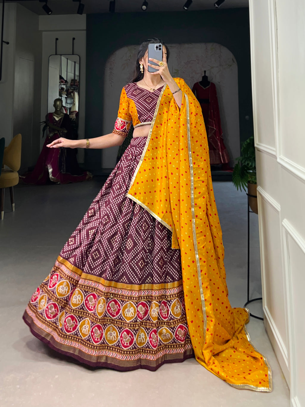 Vibrant Purple Bandhani Chaniya Choli with Patola Border