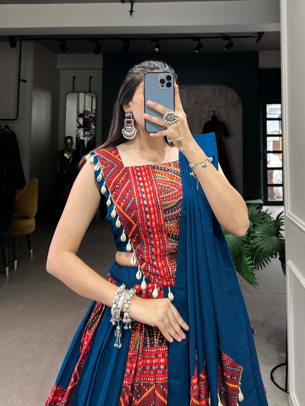 Pure Cotton Traditional Choli with Dupatta – Blue & Red Bandhani Print