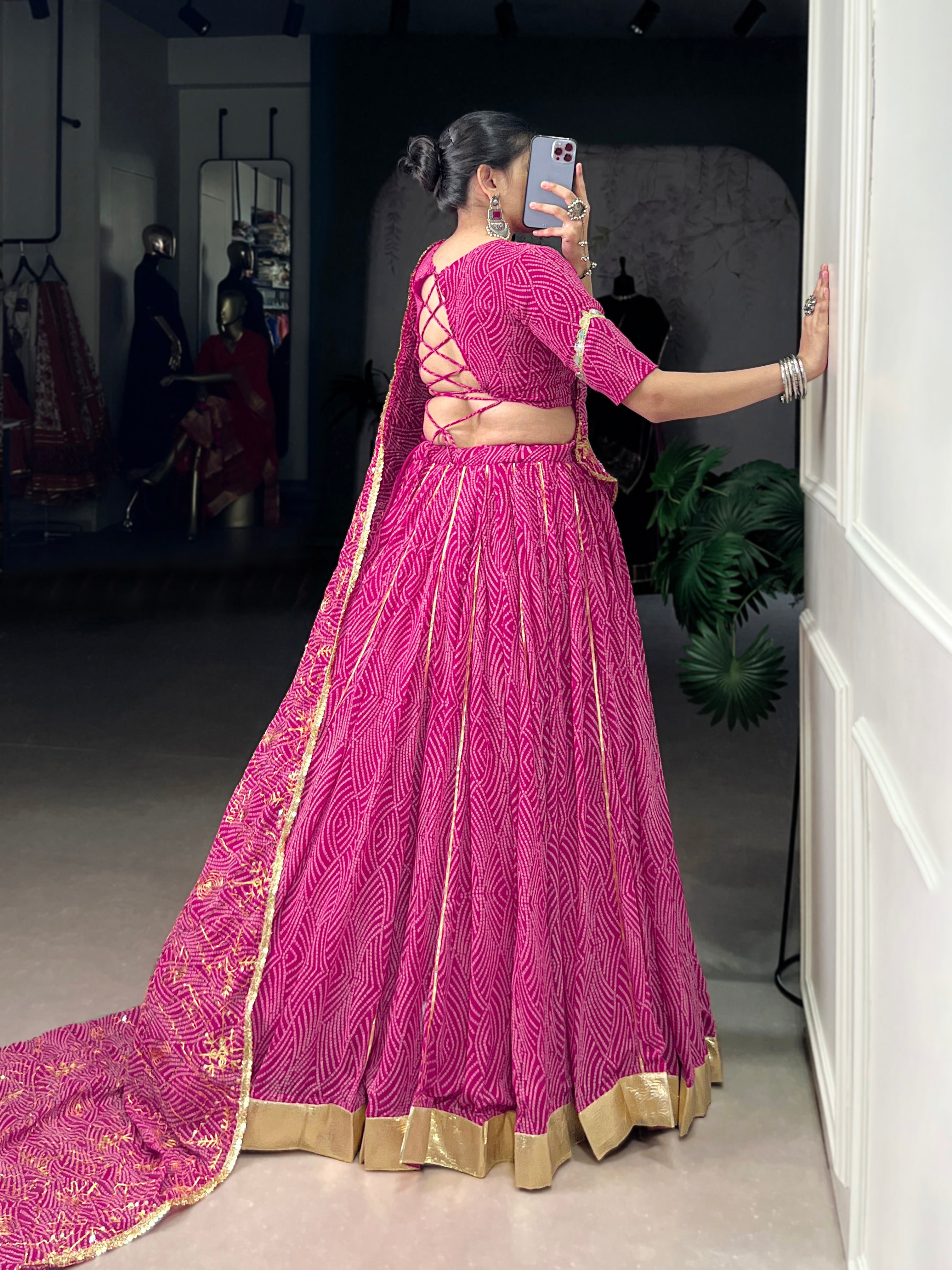 Bandhej-inspired lehenga with golden lace detailing