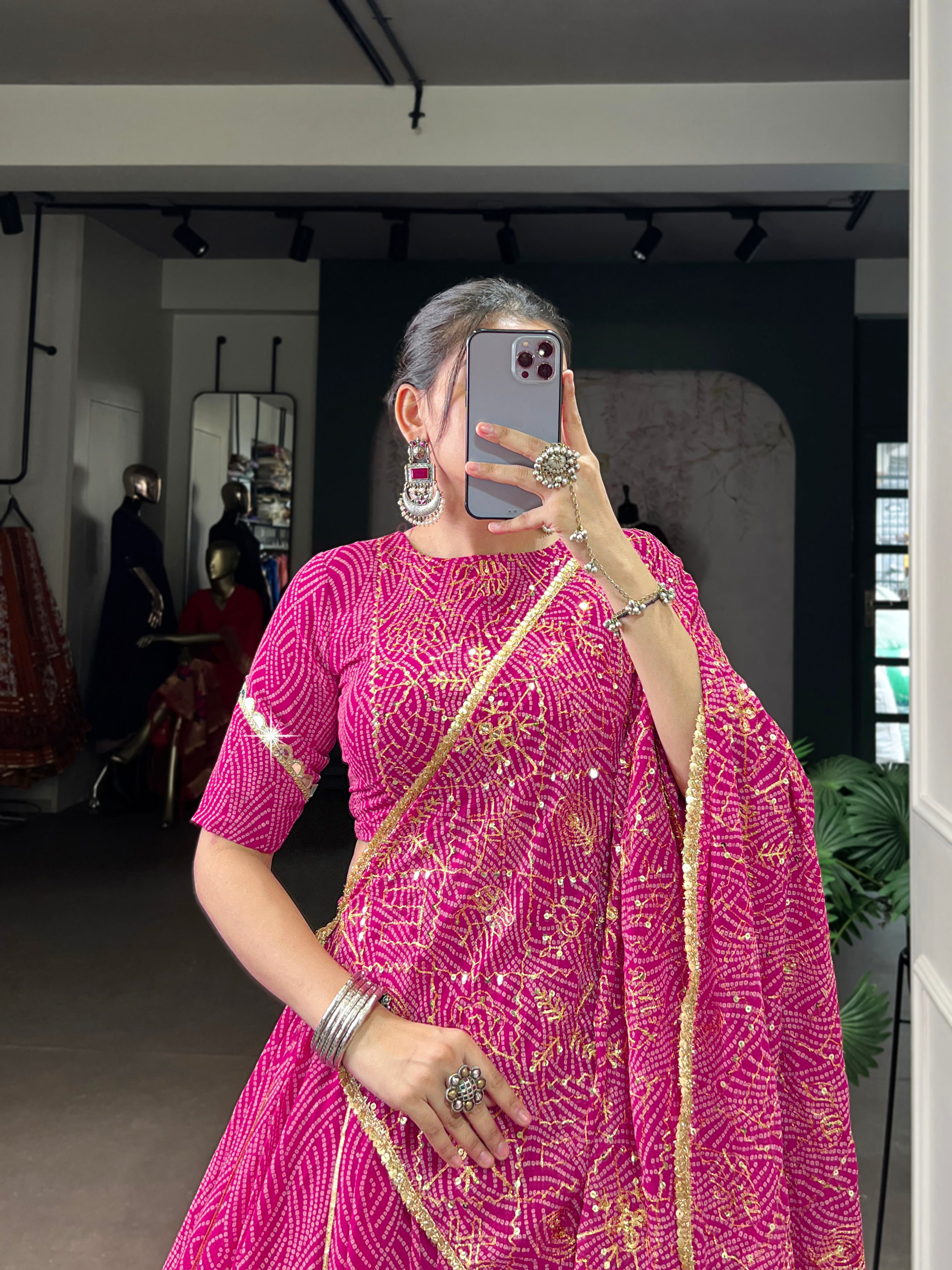 Bandhej-inspired lehenga with golden lace detailing