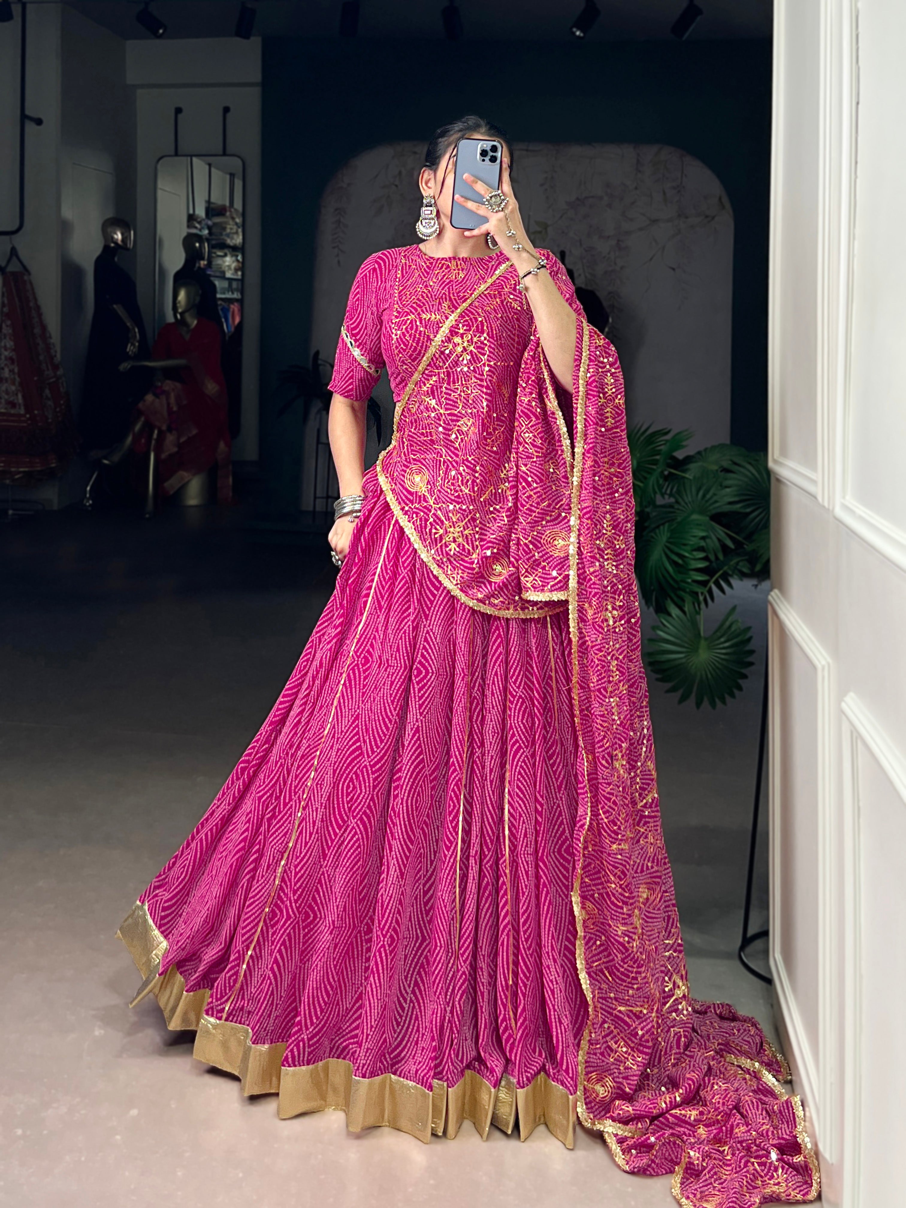 Bandhej-inspired lehenga with golden lace detailing