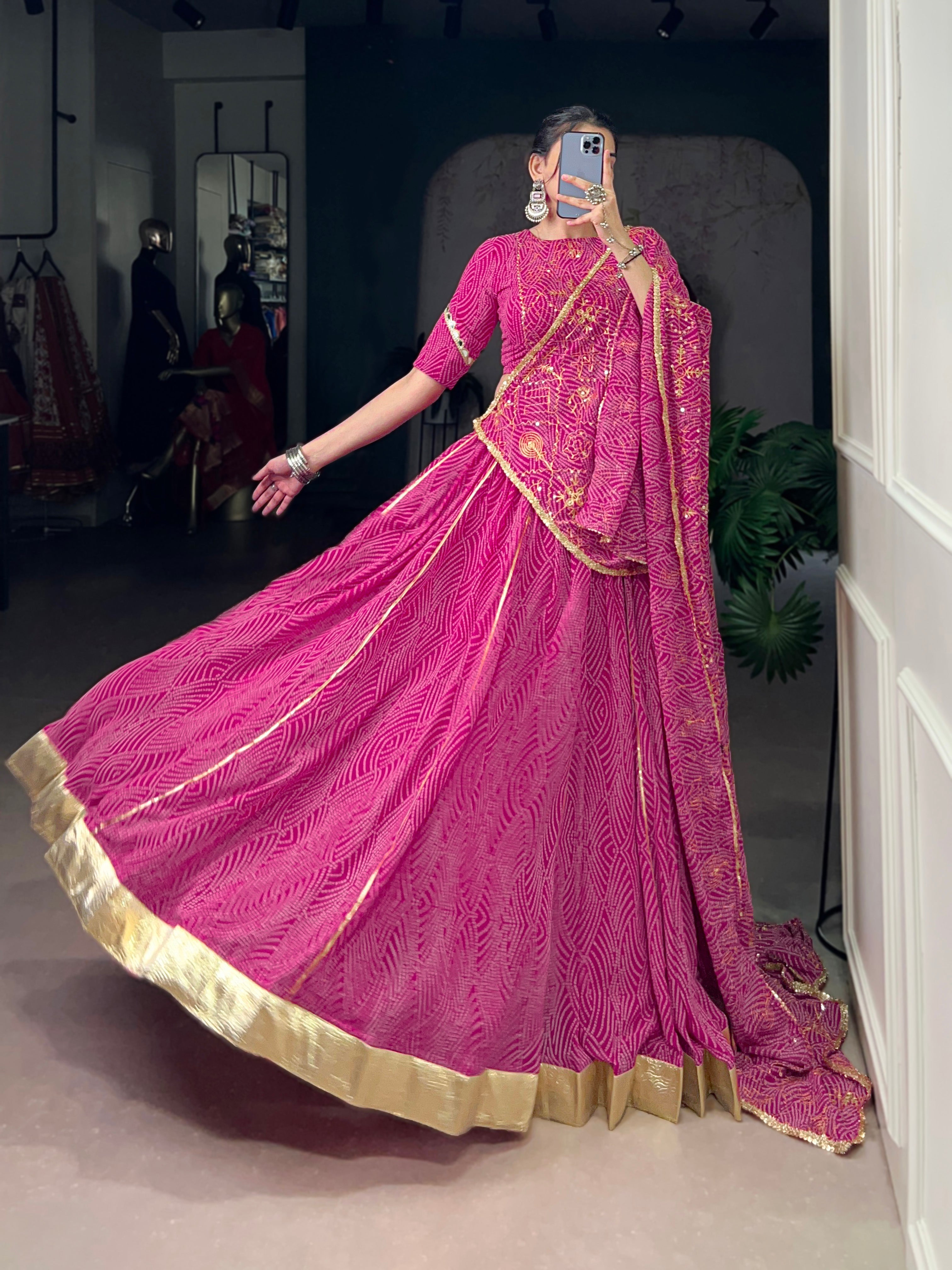 Bandhej-inspired lehenga with golden lace detailing