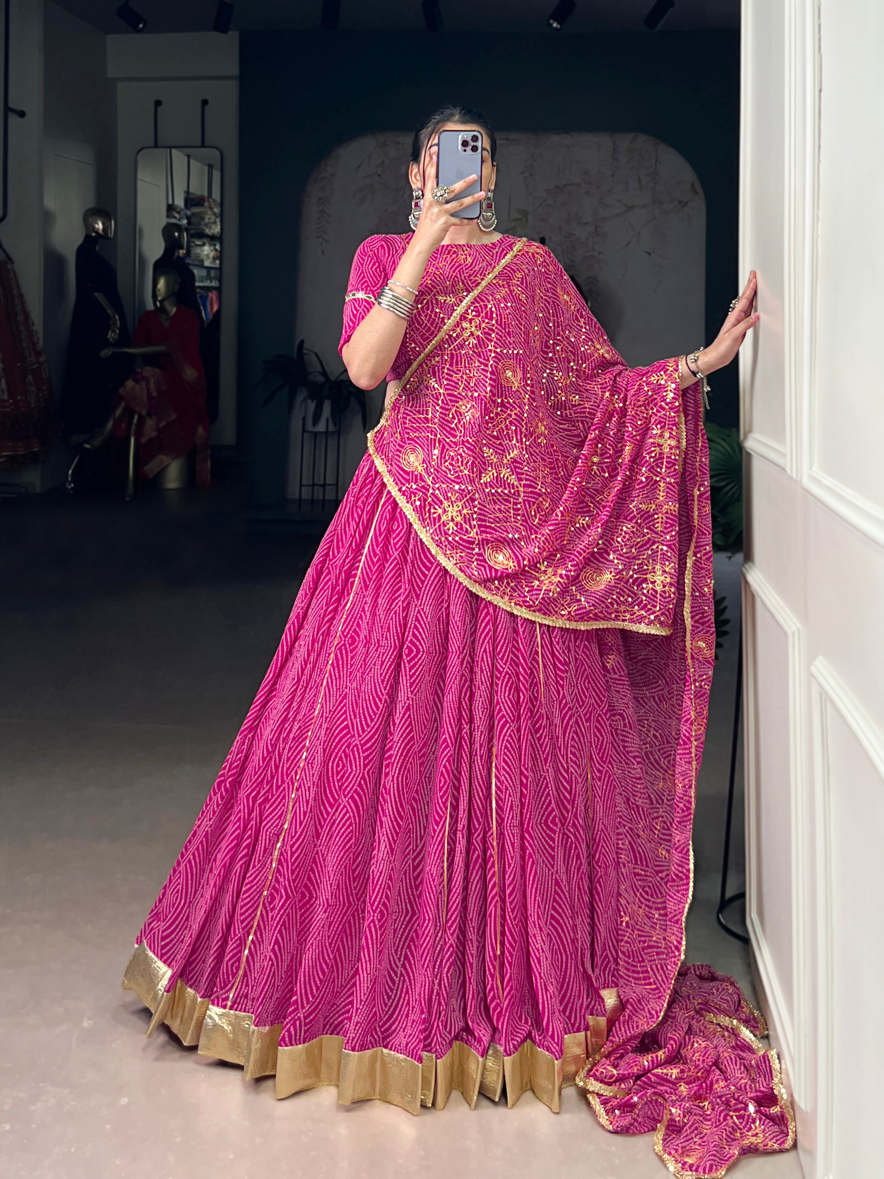 Bandhej-inspired lehenga with golden lace detailing