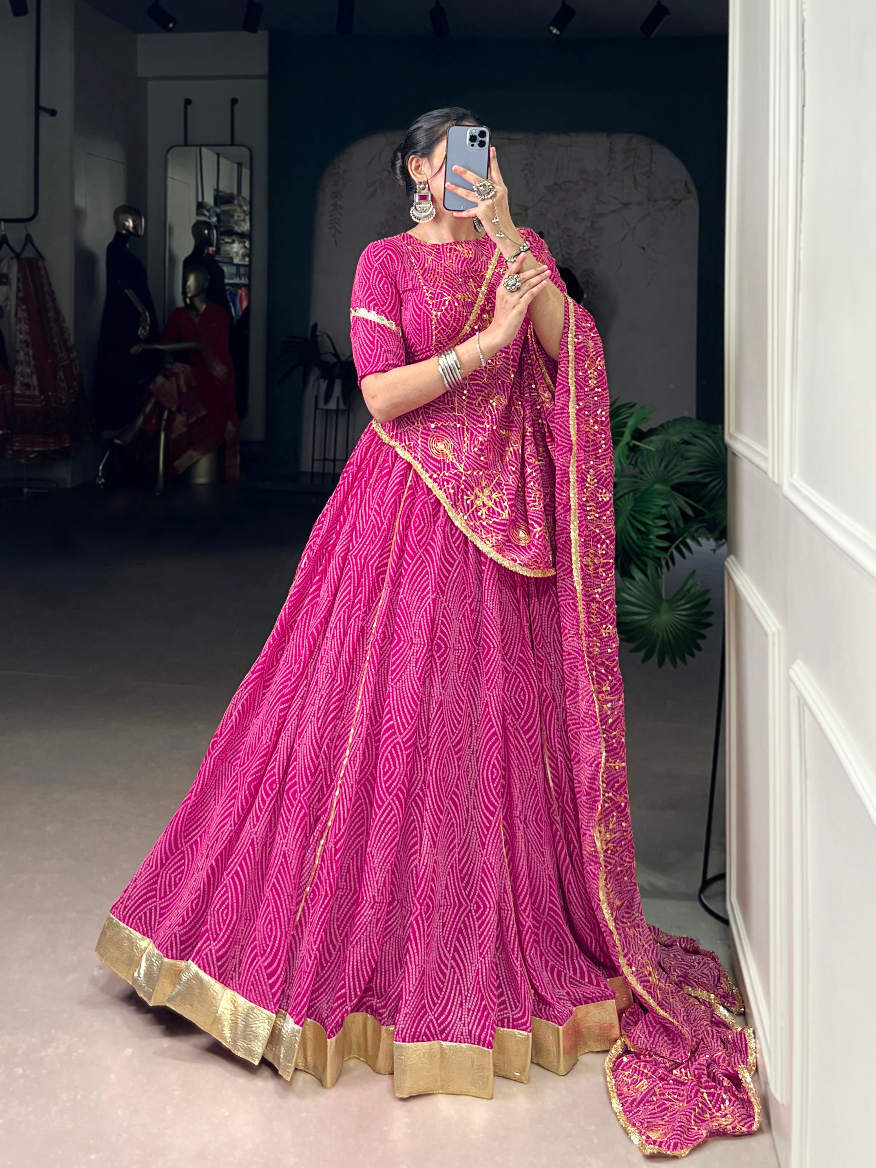 Bandhej-inspired lehenga with golden lace detailing
