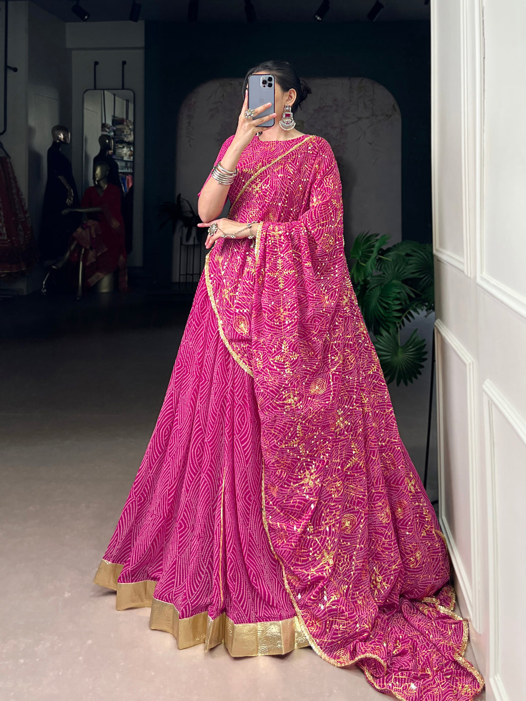 Bandhej-inspired lehenga with golden lace detailing