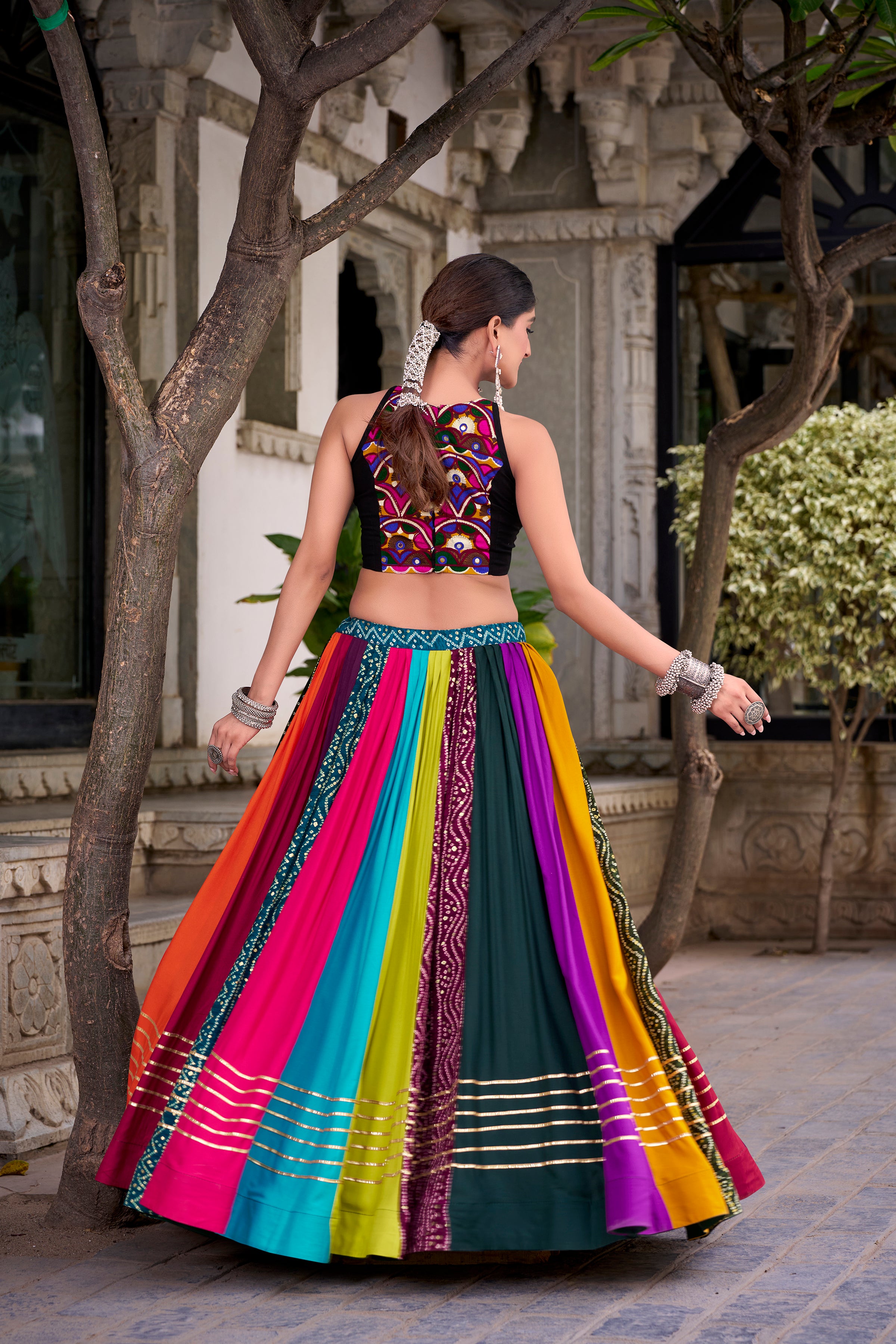 Wrapped in a rainbow color Choli Printed With Gota Patti Touch Up