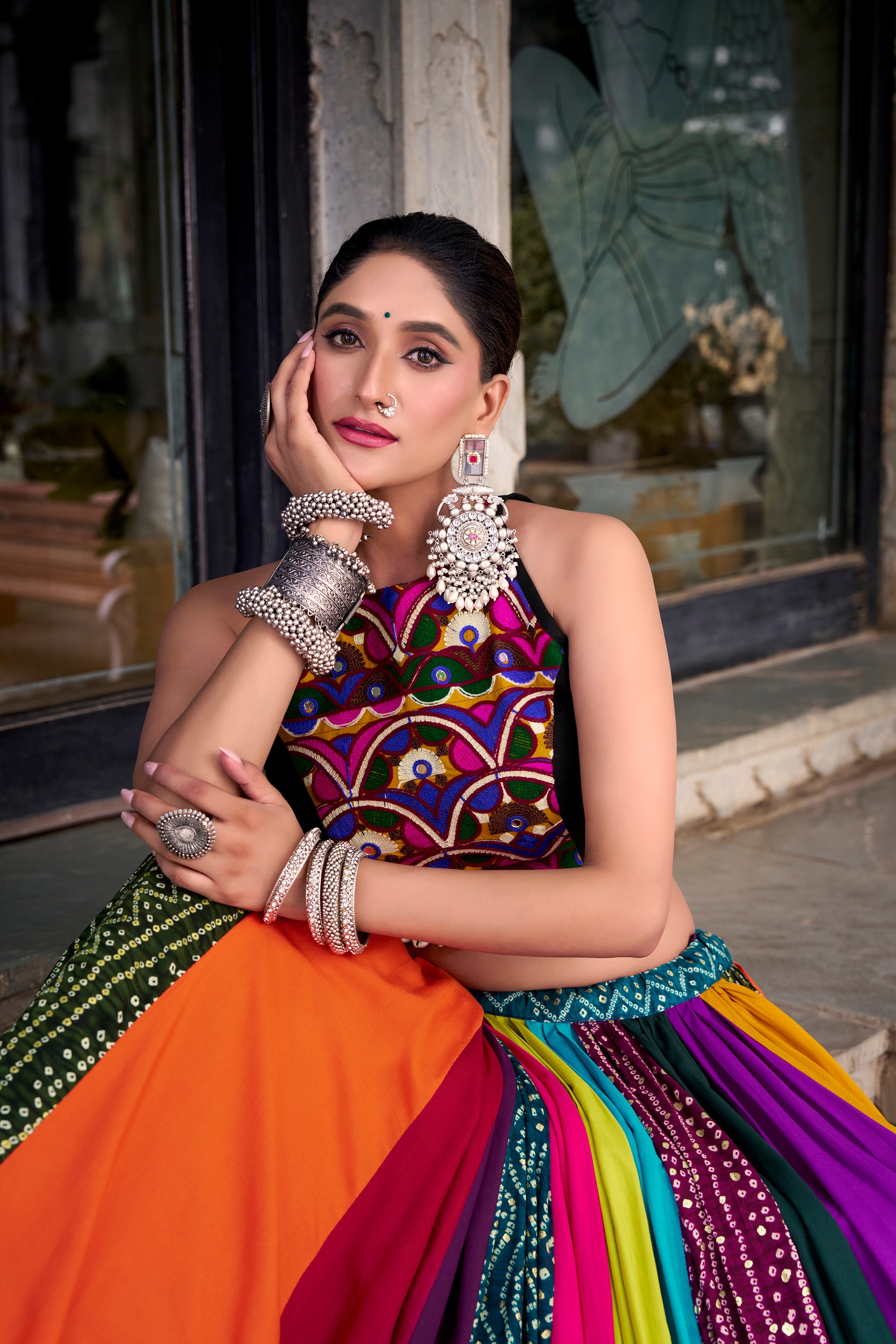 Wrapped in a rainbow color Choli Printed With Gota Patti Touch Up